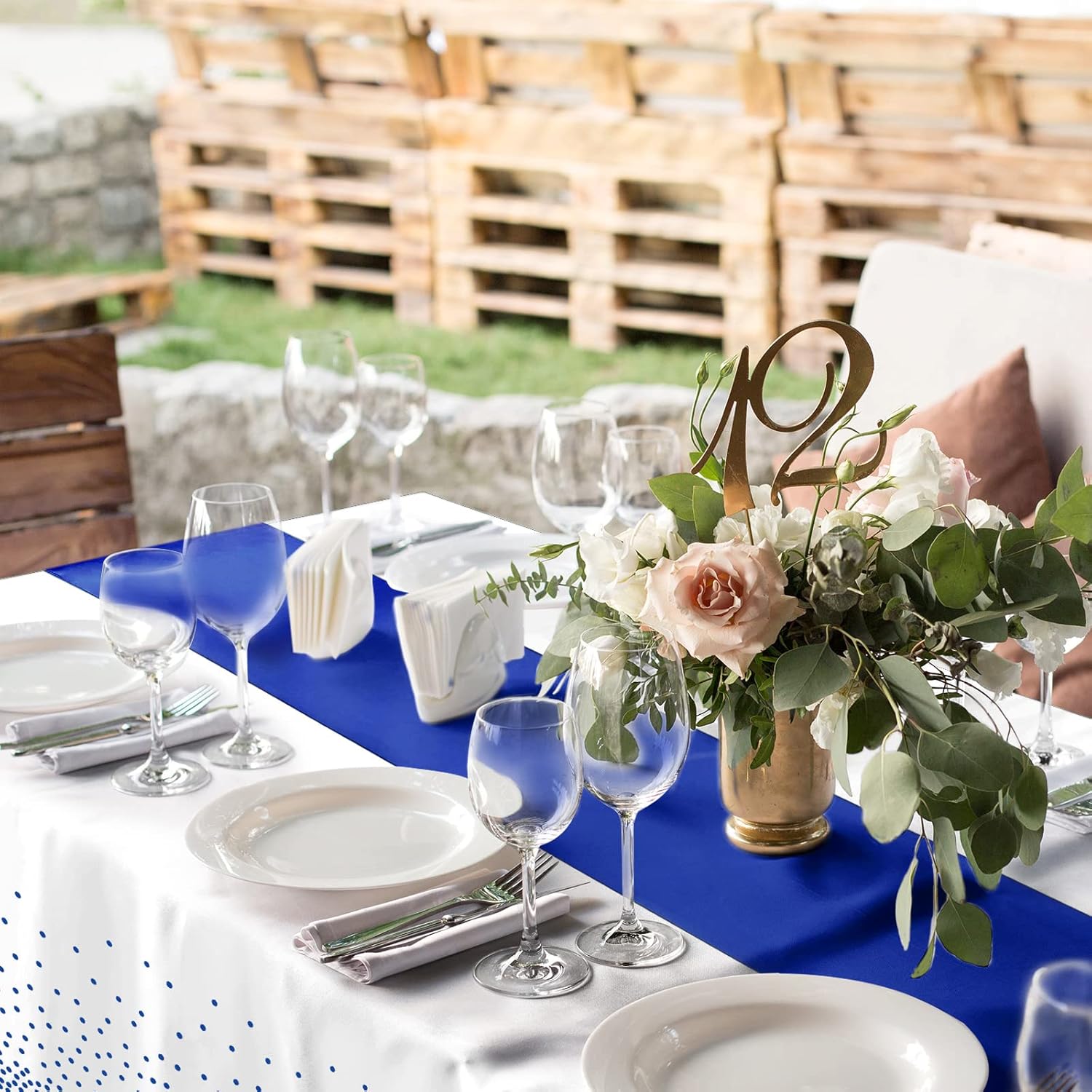 8Pack Disposable Plastic Tablecloths and Satin Table Runner with White and Royal Blue Dots for Occasions