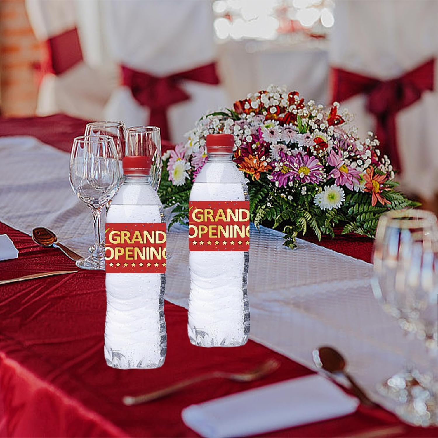 50Pcs Grand Opening Water Bottle Labels Red Waterproof Stickers for Ceremony Favors
