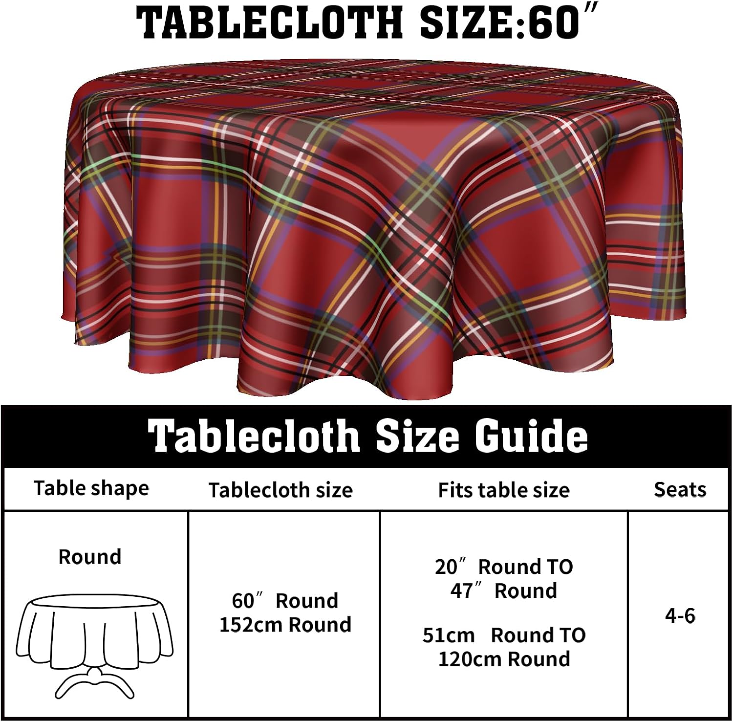 60 Inch Red Christmas Round Tablecloth with Buffalo Plaid Design