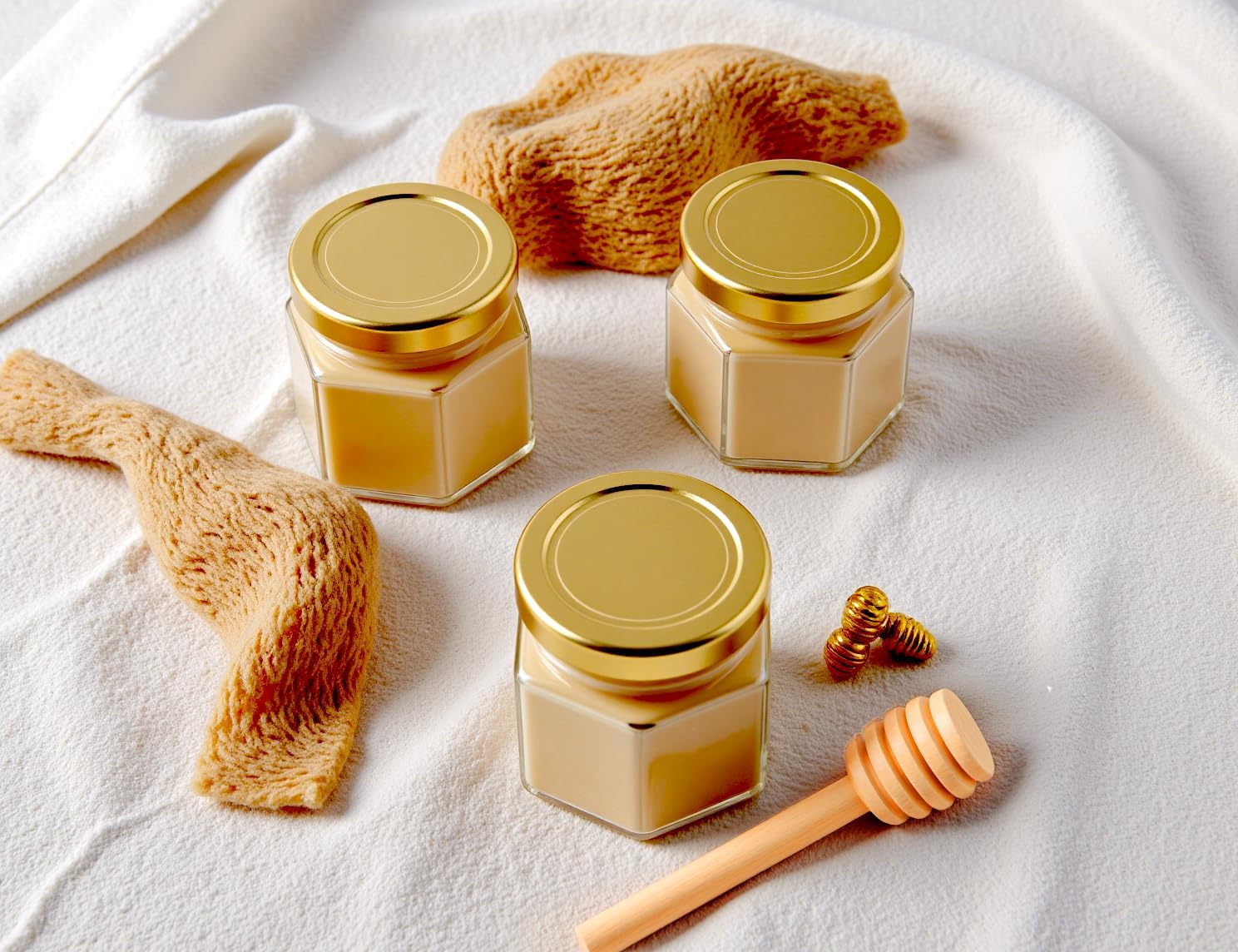 Adabocute Honey Pot 2oz Mini Glass Jars with Wood Dipper Gold Lid Bee Pendants Beige Gift Bags 15 Pack