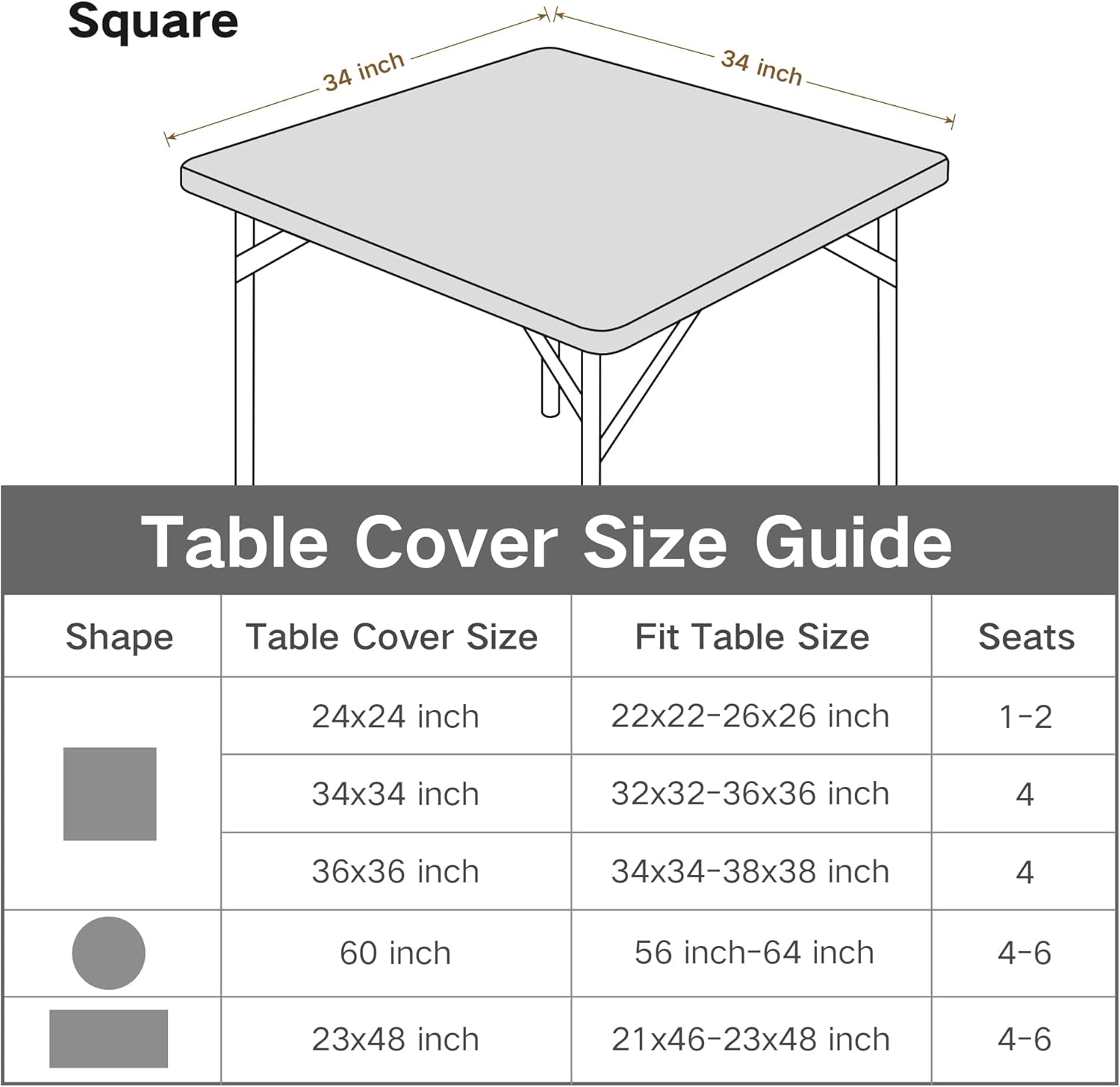 Square Fitted Table Cover 34x34 Inch Grey Spandex Tablecloth