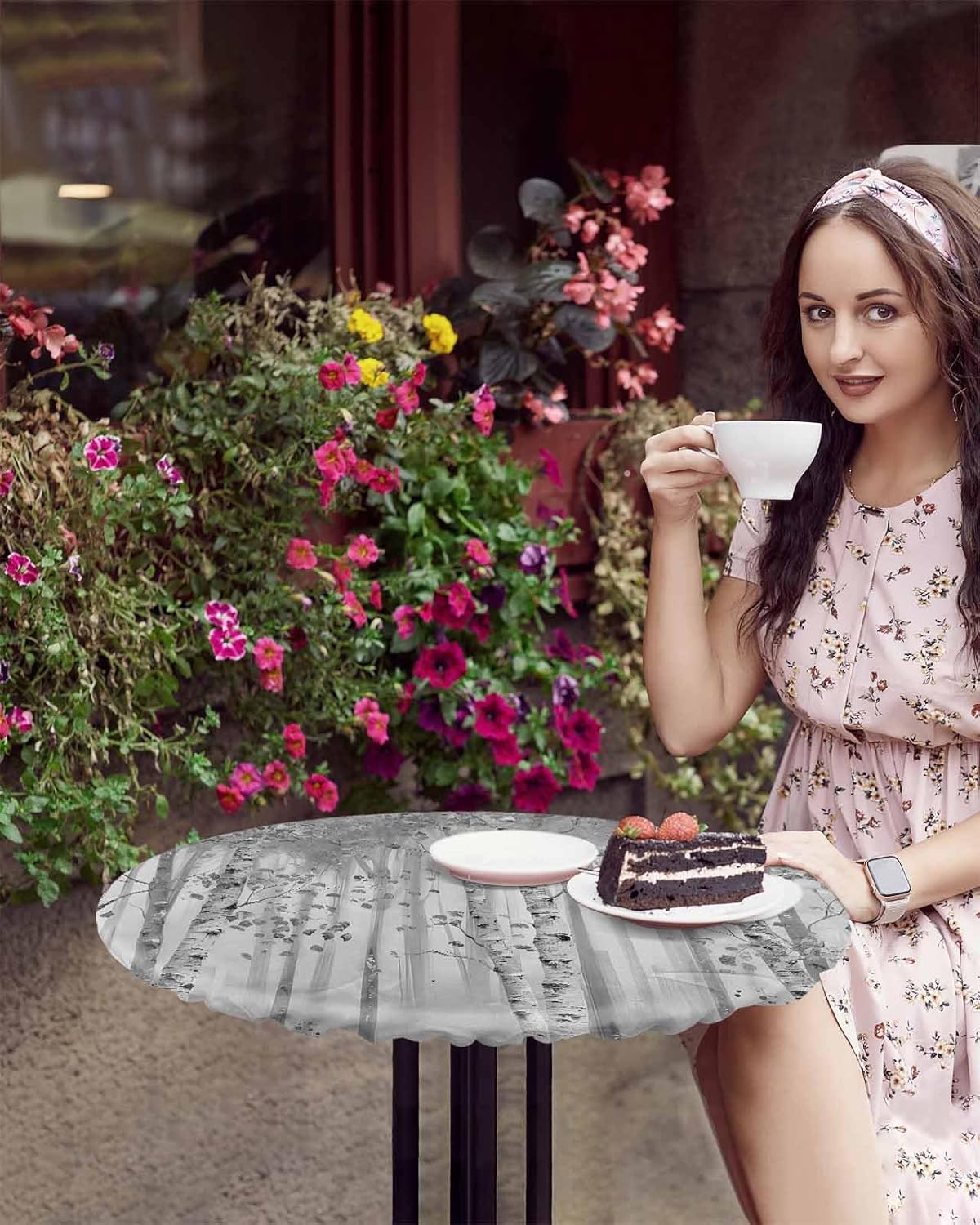 Grey Forest Round Waterproof Table Cover Fitted Tablecloth