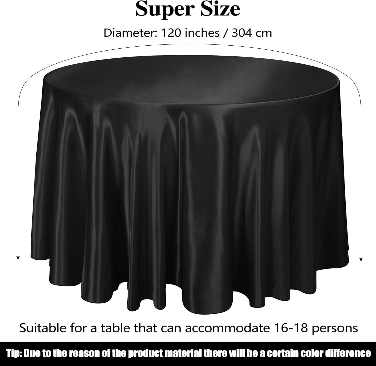 Ruisita 120 Inch Black Round Satin Table Cover