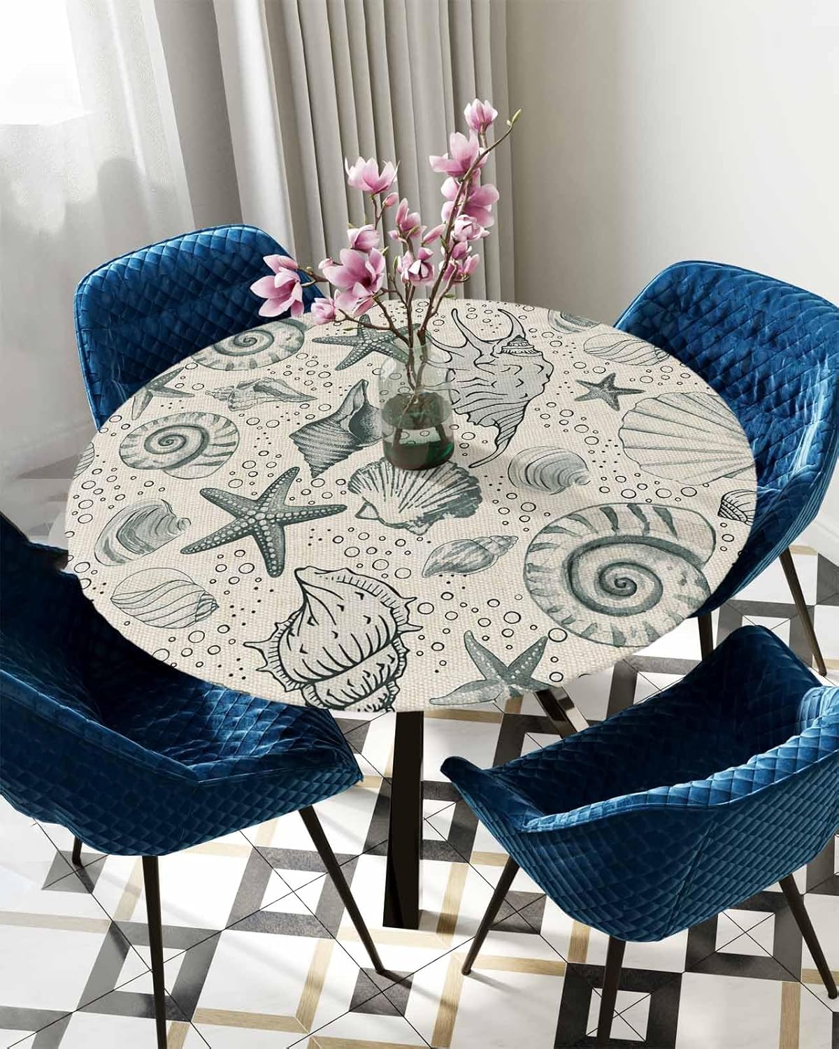 Nautical Coastal Round Waterproof Table Cover with Elastic Band