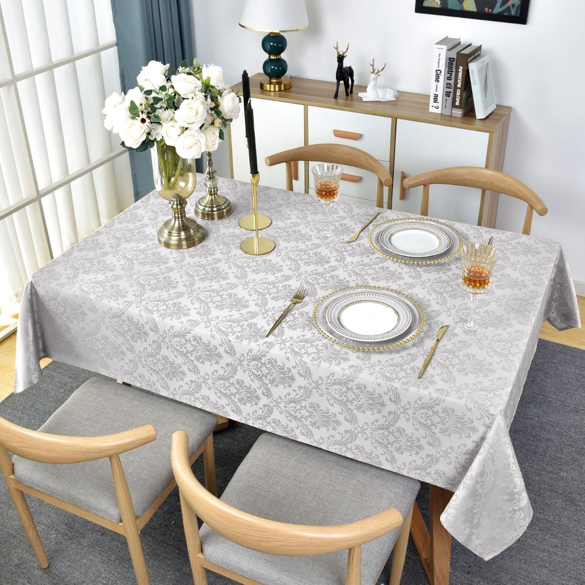 Rectangle Tablecloth with Flower Jacquard Pattern 52x70 Inch Grey