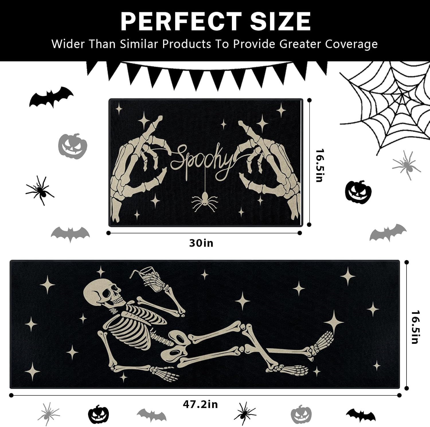 ArtSocket Halloween Skeleton Kitchen Rugs Set of 2 Non-Skid Washable
