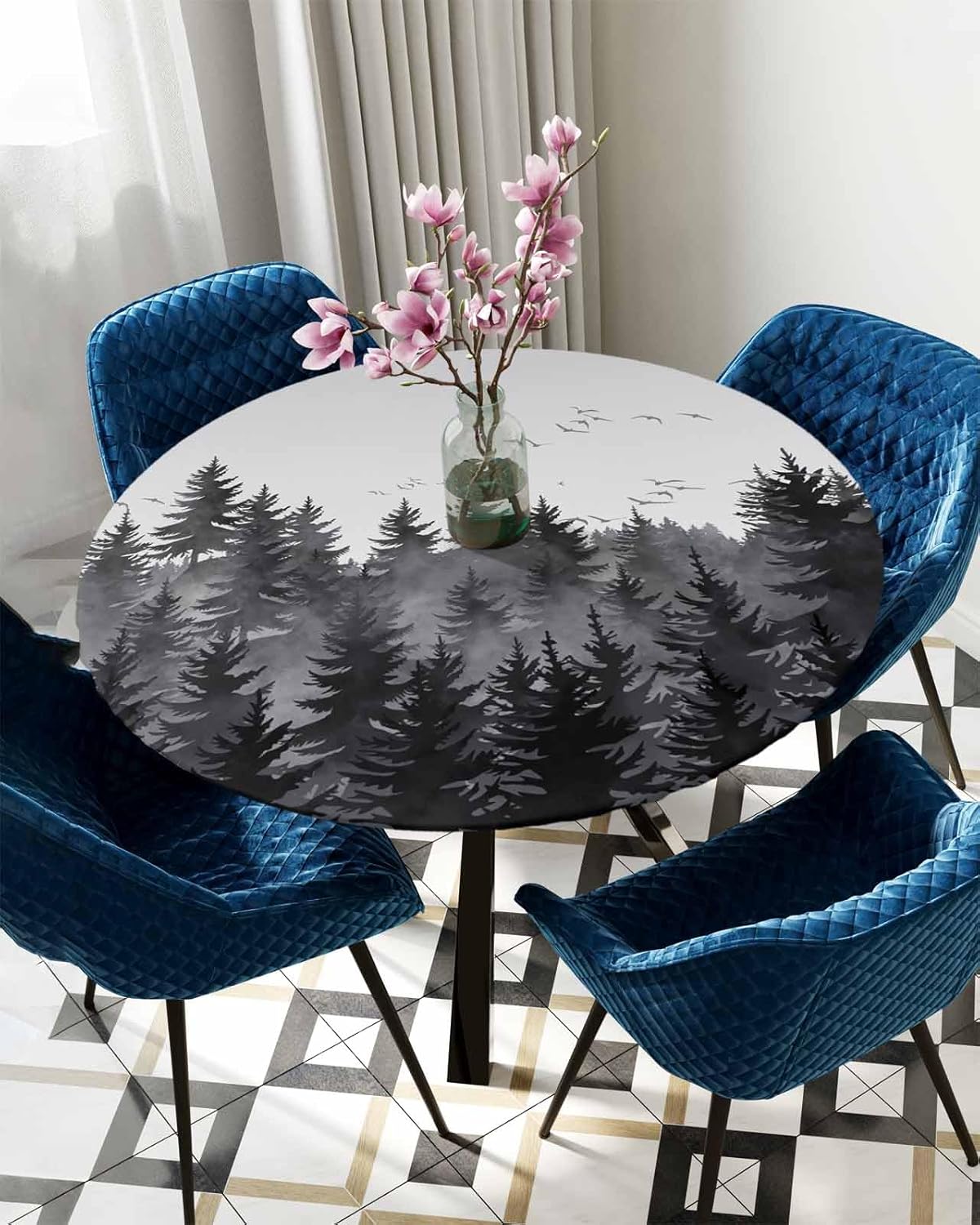 Forest Round Waterproof Table Cover Fitted Elastic Tablecloth 55-60 Inches