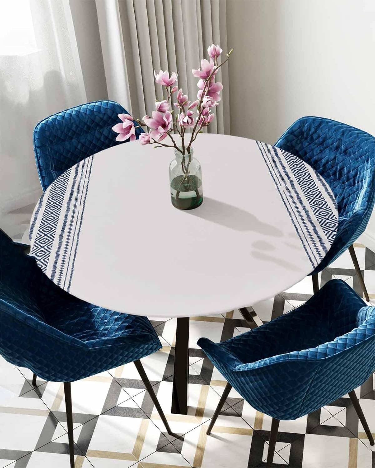 Boho Blue Round Waterproof Table Cover with Elastic
