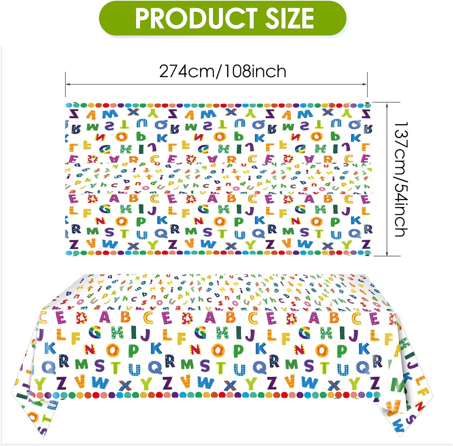 3Pcs Colorful ABC Alphabet Tablecloth 54x108 Inch Rectangular