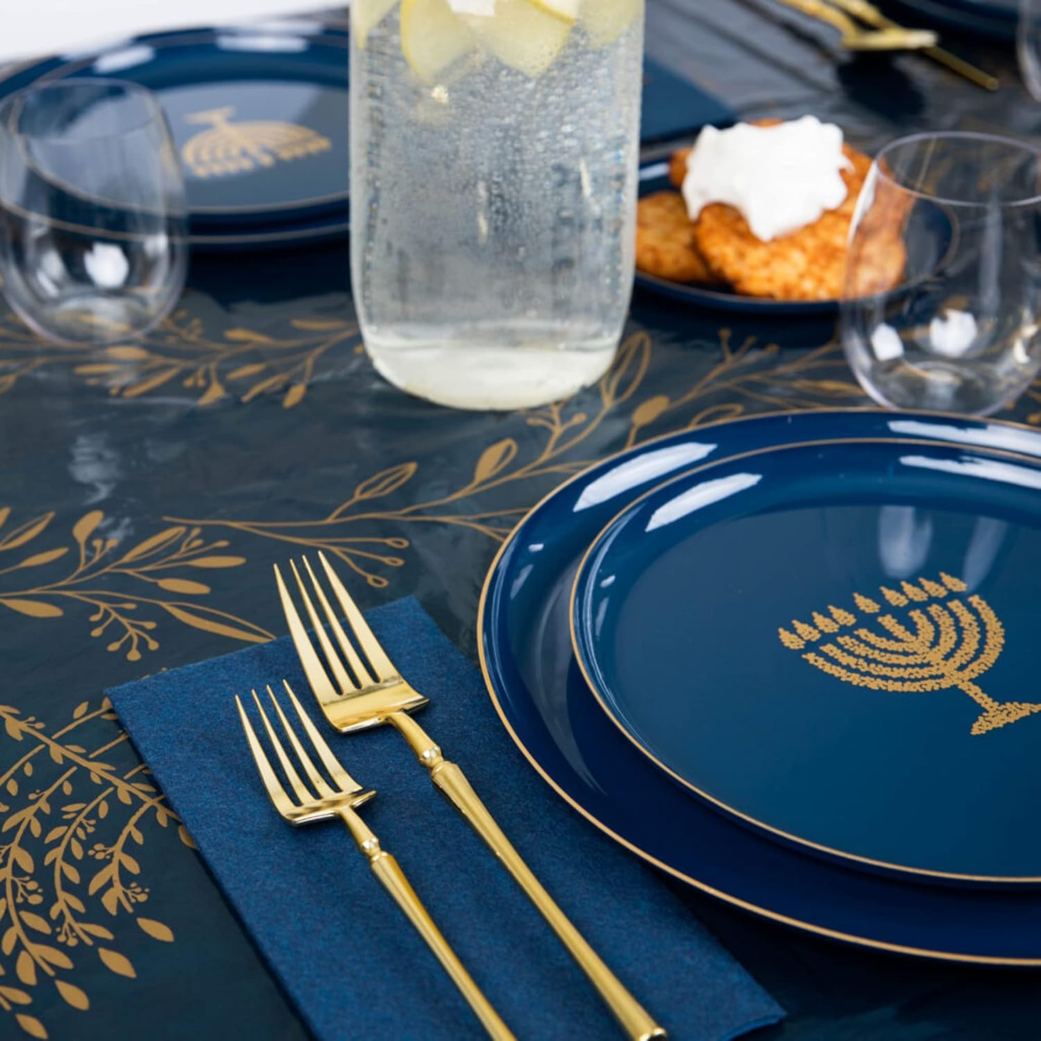 EcoQuality Hanukkah Tablecloth Rectangle Blue Gold 54x108 Inch