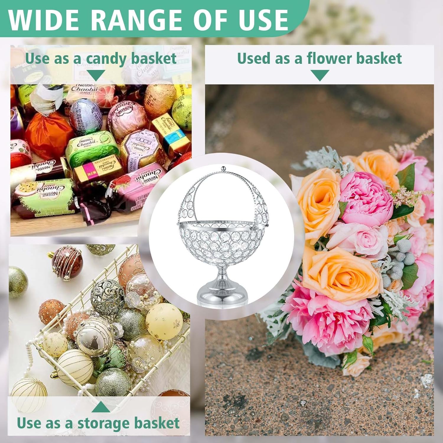 Crystal Candy Bowl Holder Decorative Fruit Bowl Stand Flower Basket Ornament Table Centerpiece Silver