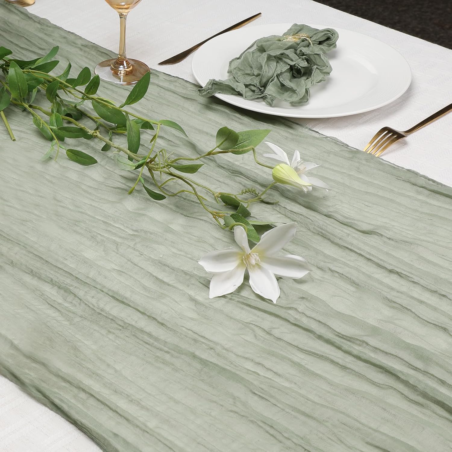 Le Courant 10 Ft Sage Green Cheesecloth Table Runner