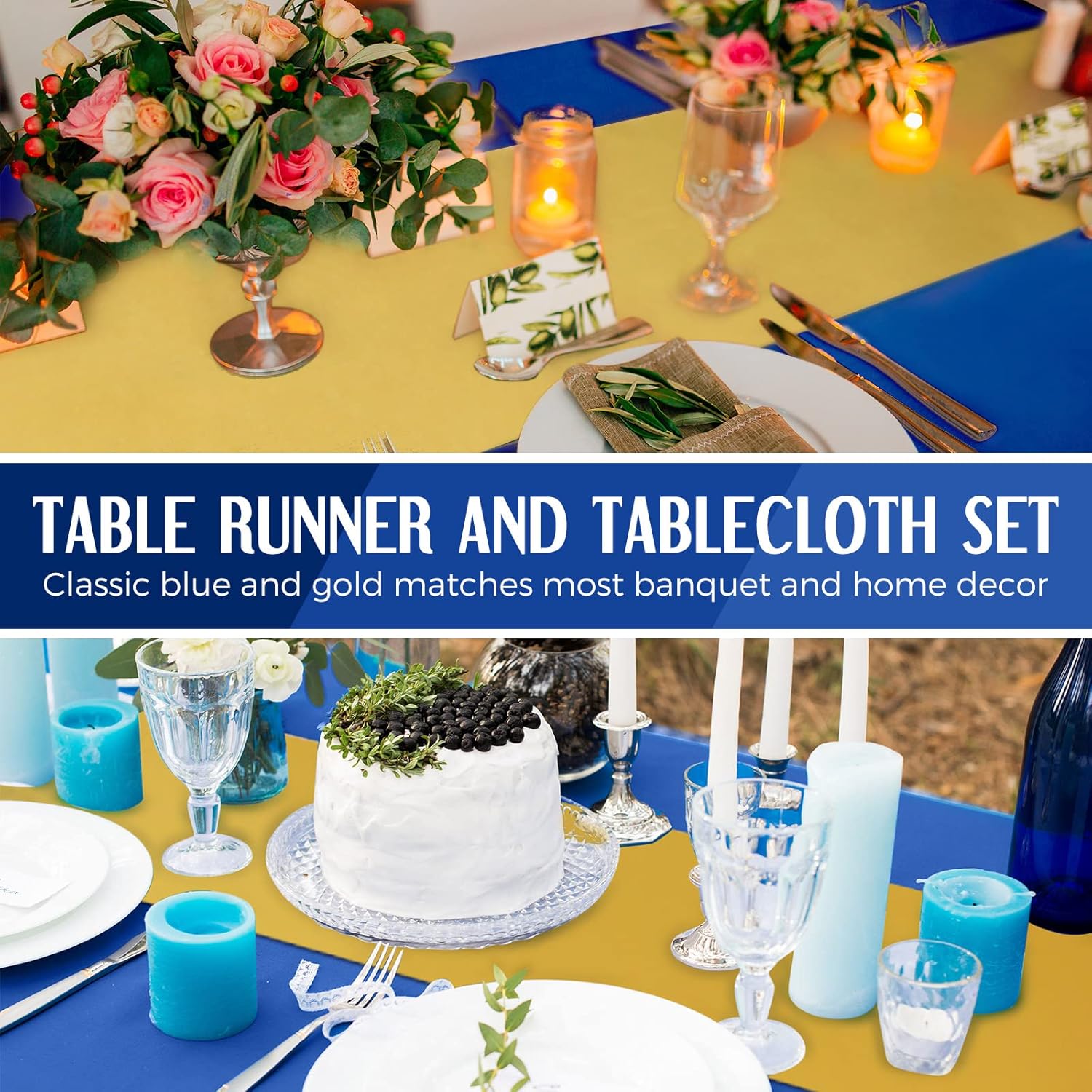 Breling 8 Pack Navy Blue Gold Tablecloths and Satin Runner Set