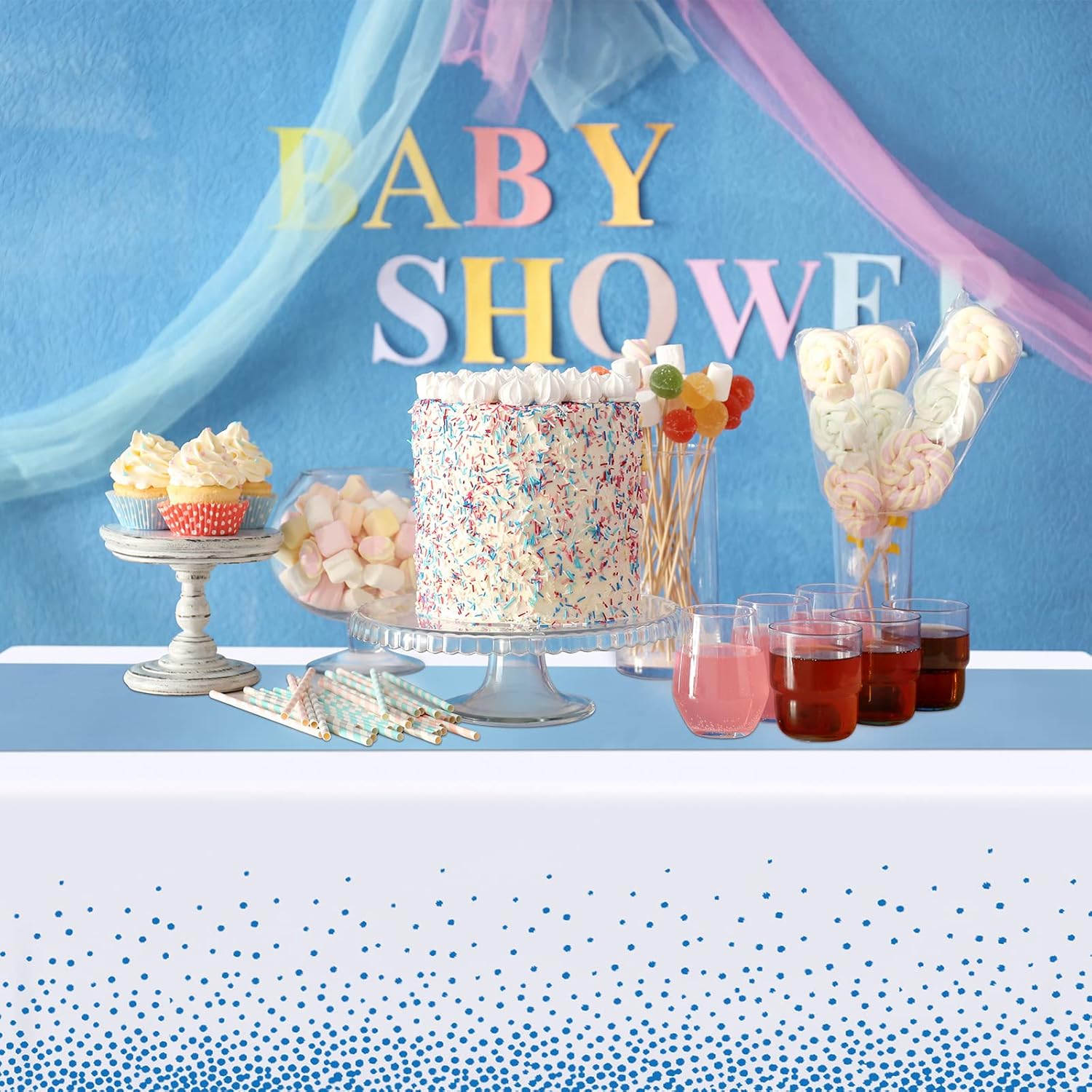 Breling 8 Pack Winter Baby Blue and White Tablecloths and Satin Table Runners Set