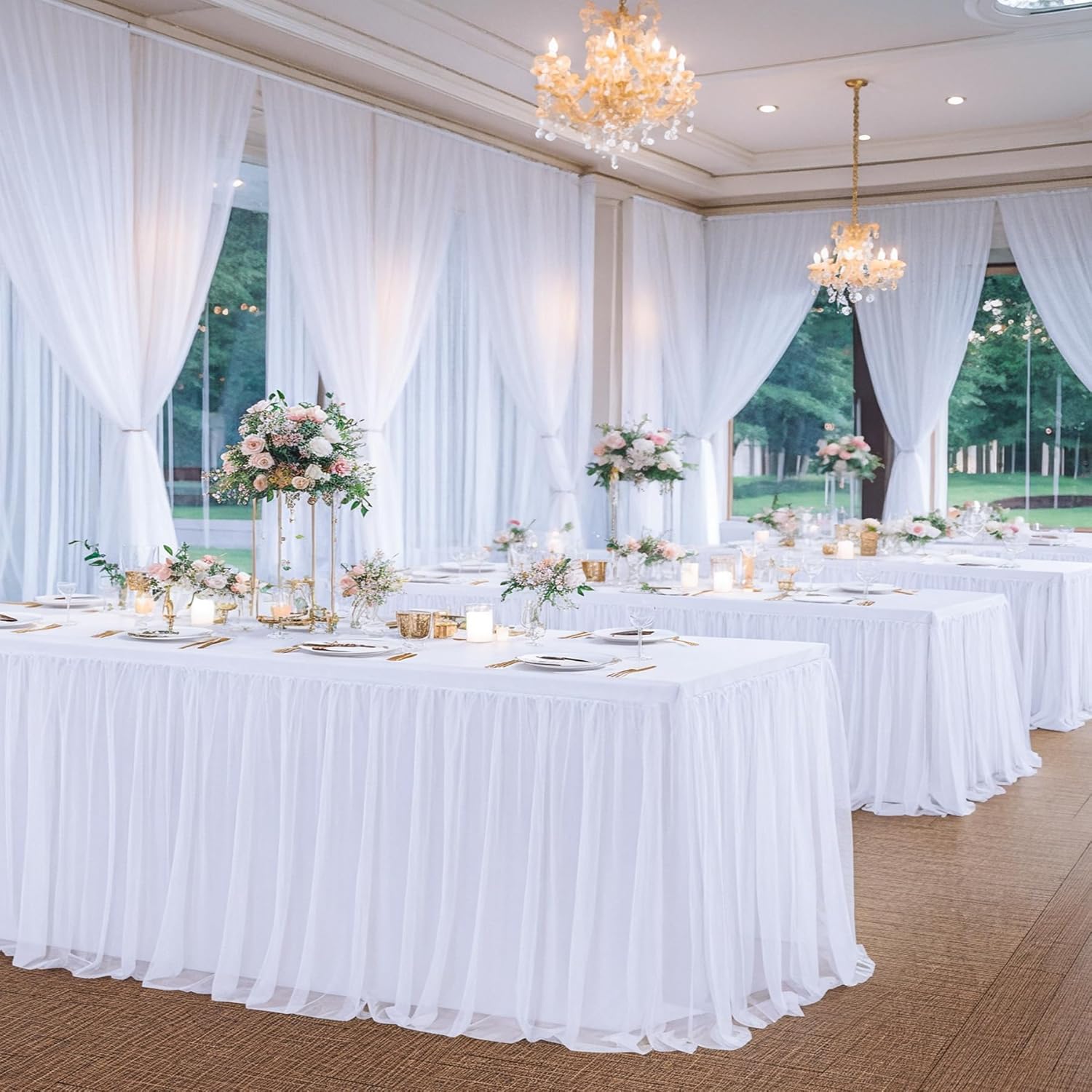 White Tulle Tablecloth with Skirt for 6 Foot Tables