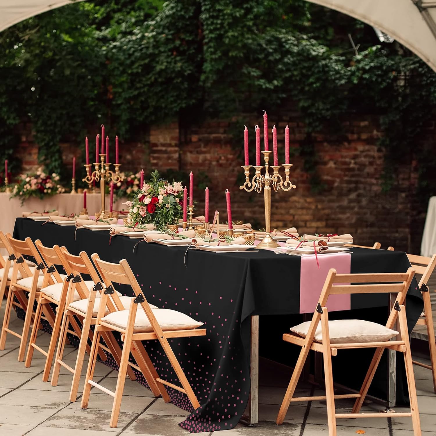 8 Pack Disposable Plastic Tablecloths and Satin Table Runner Set Black Rose Gold Dot Wedding Party Decor