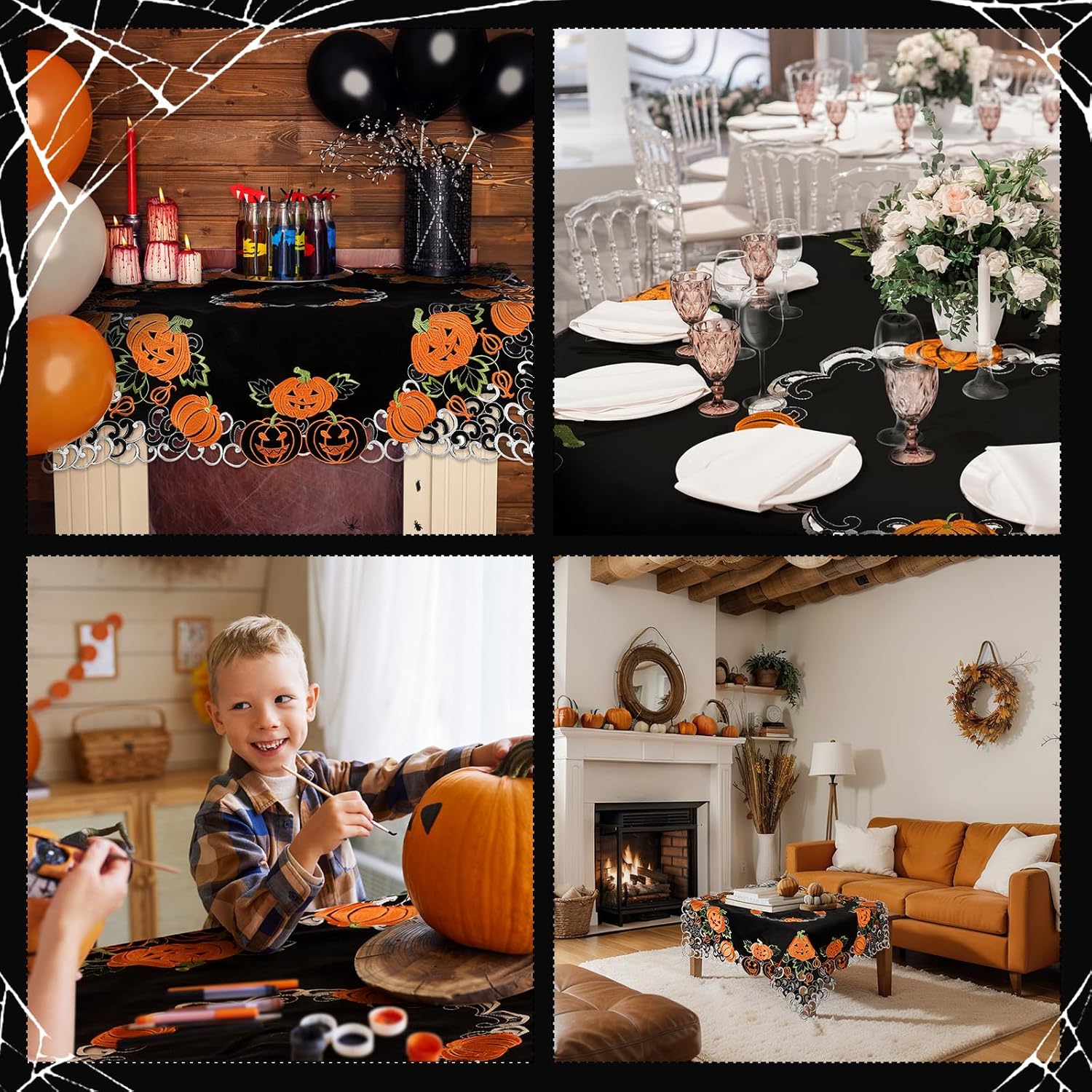 Halloween Square Tablecloth 34 Inch Black Orange Pumpkin Design