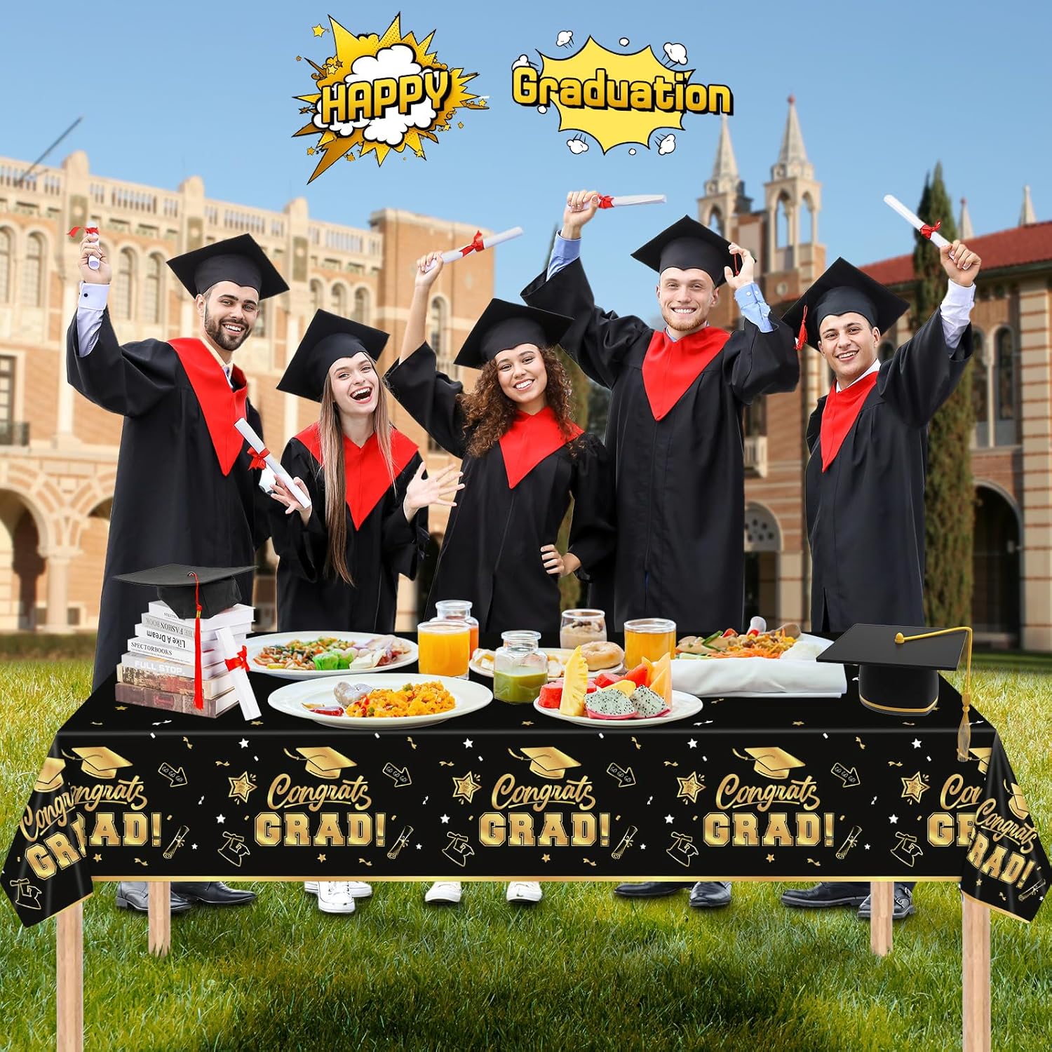 2 Pack Graduation Tablecloths - Black Gold Class of 2025 Decorations