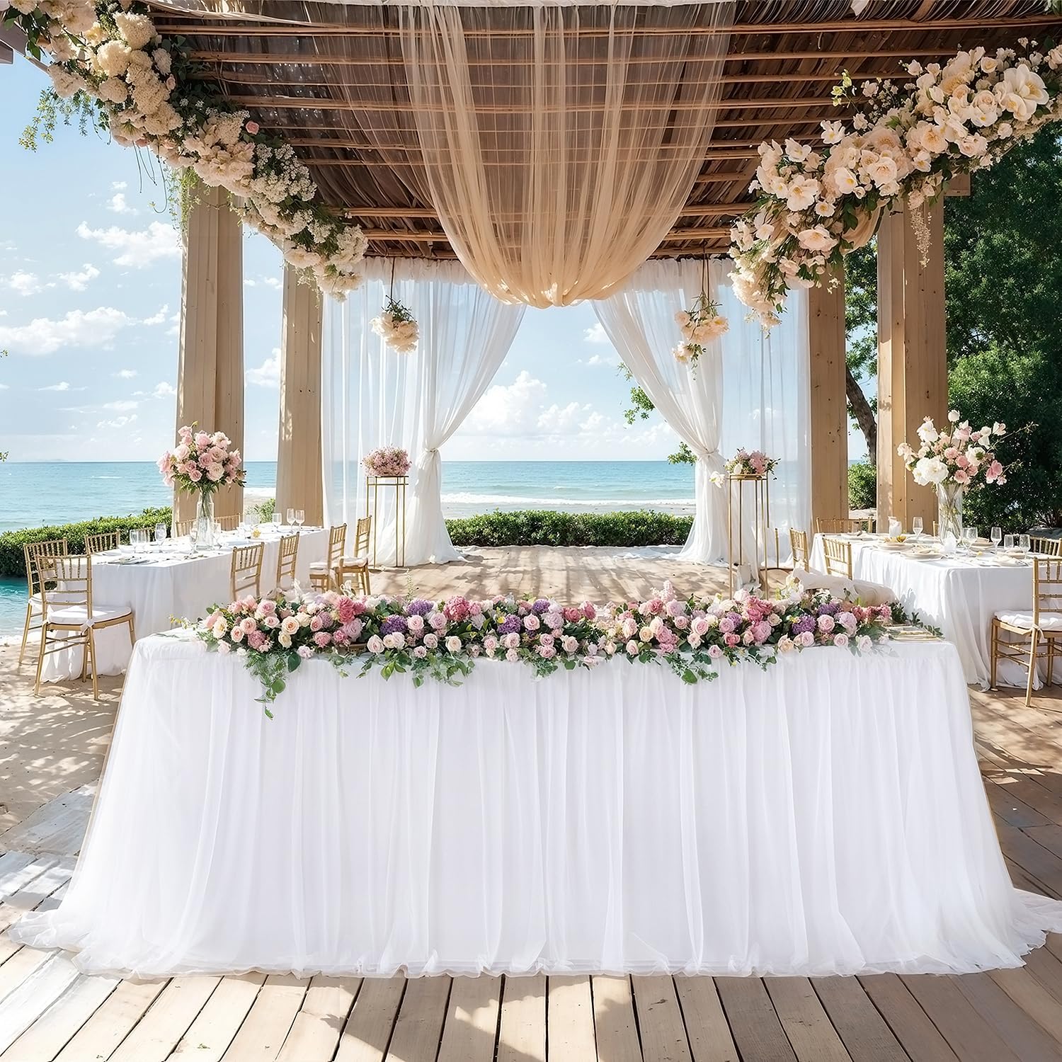 White Tulle Tablecloth with Skirt for 6 Foot Tables