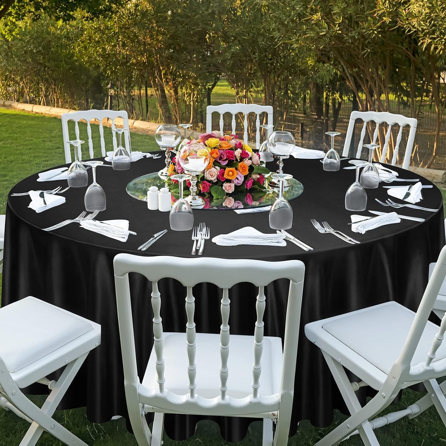 Ruisita 120 Inch Black Round Satin Table Cover