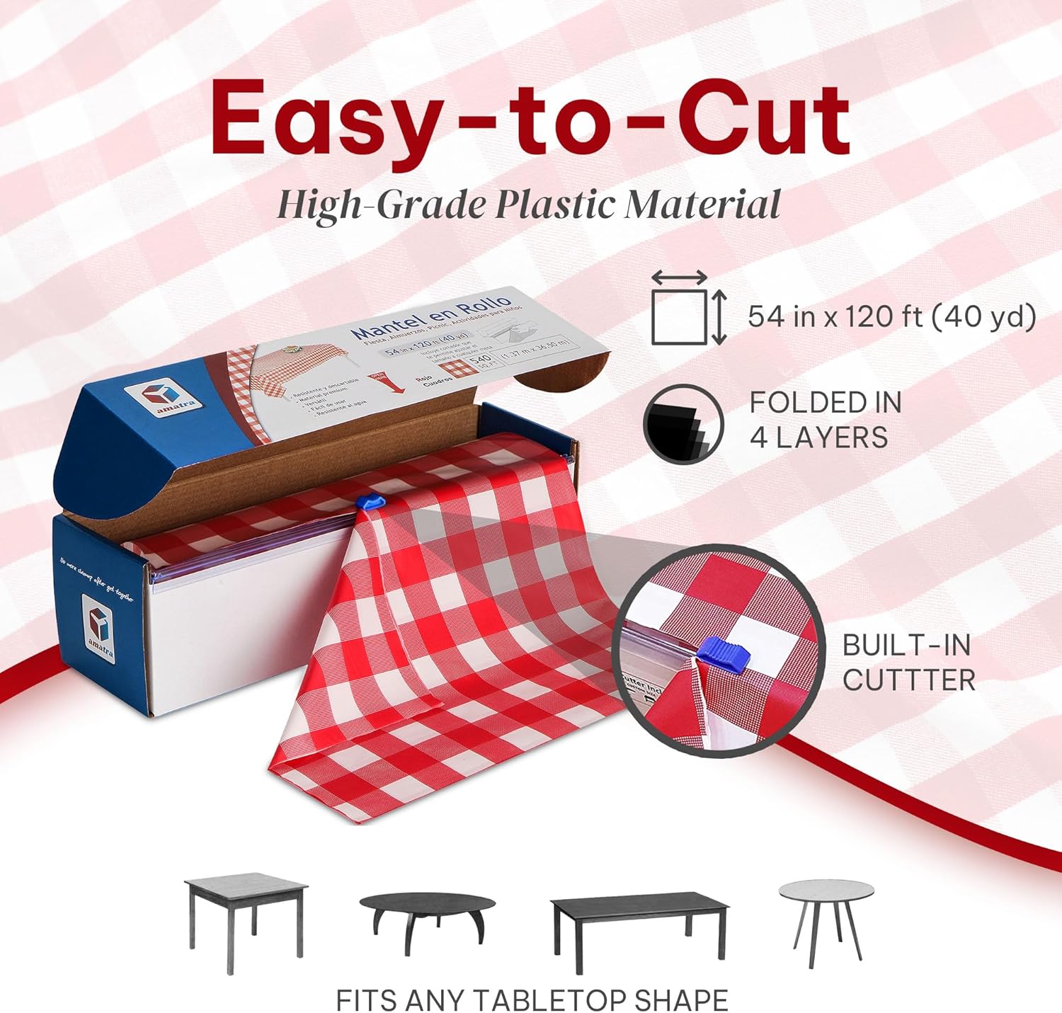 Amatra All-Purpose Plastic Table Cover Roll with Self-Cutter Red Checkered 54inch x 120ft