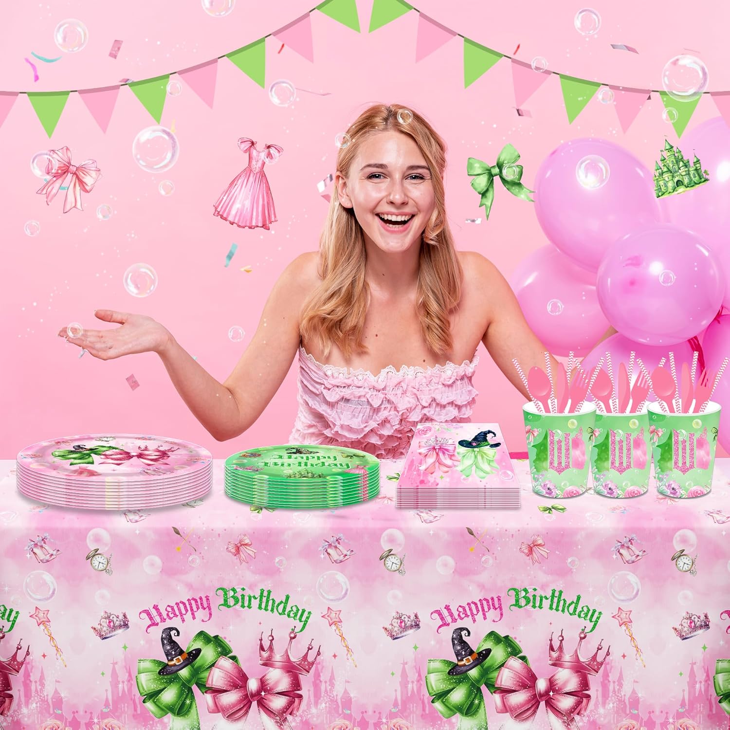 2-Pack Pink Green Party Tablecloths 51x87 Inch Waterproof Tablecovers for Birthday and Baby Shower