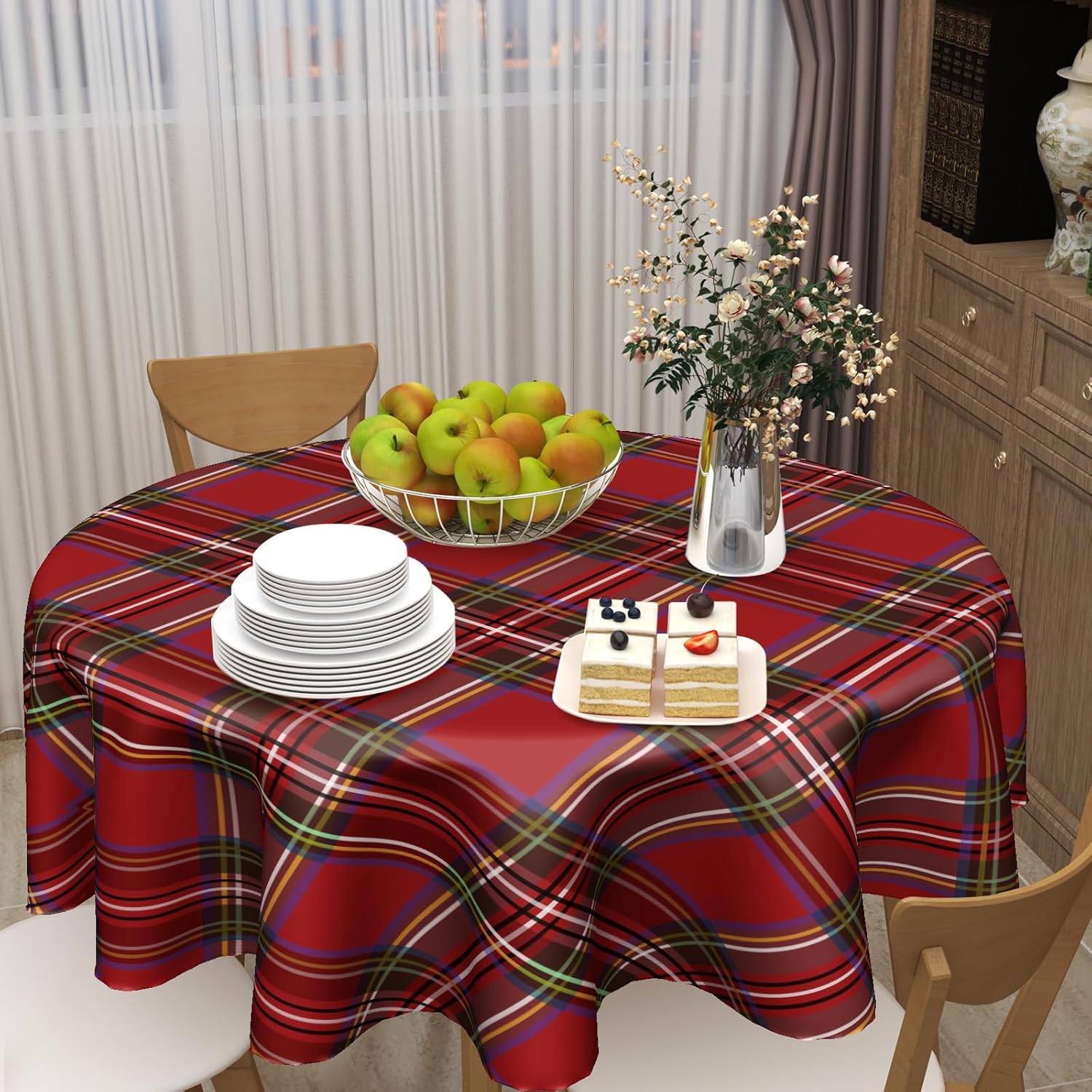 60 Inch Red Christmas Round Tablecloth with Buffalo Plaid Design