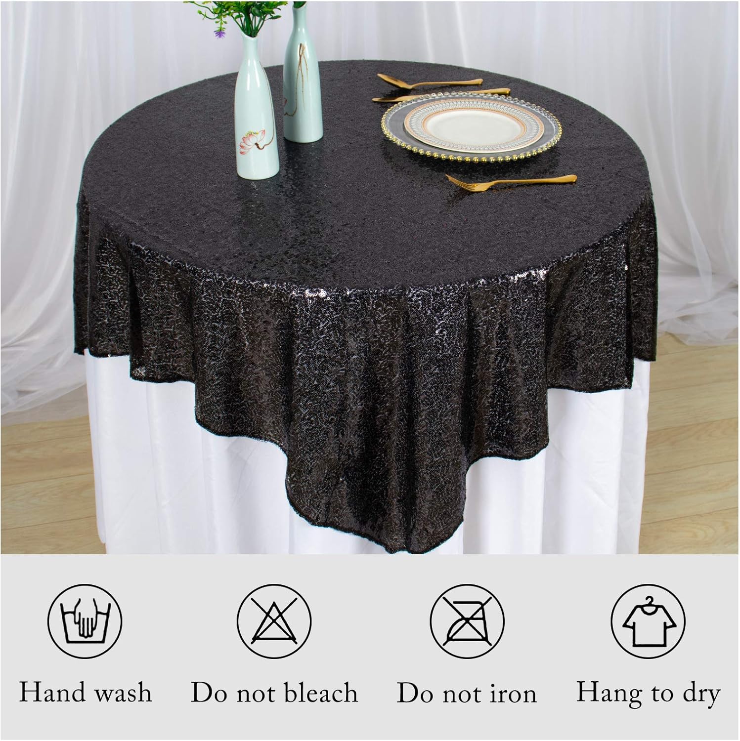 AMZLOKAE Sequin Square Tablecloth 50x50 Black Glitter Overlay for Parties and Events