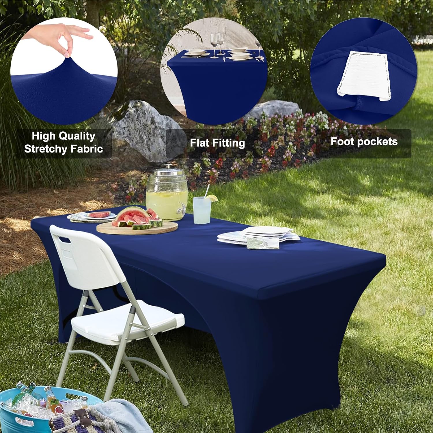 ABCCANOPY 6 ft Navy Blue Spandex Table Cover Open Back Fitted Tablecloth Stretch Washable Table Topper