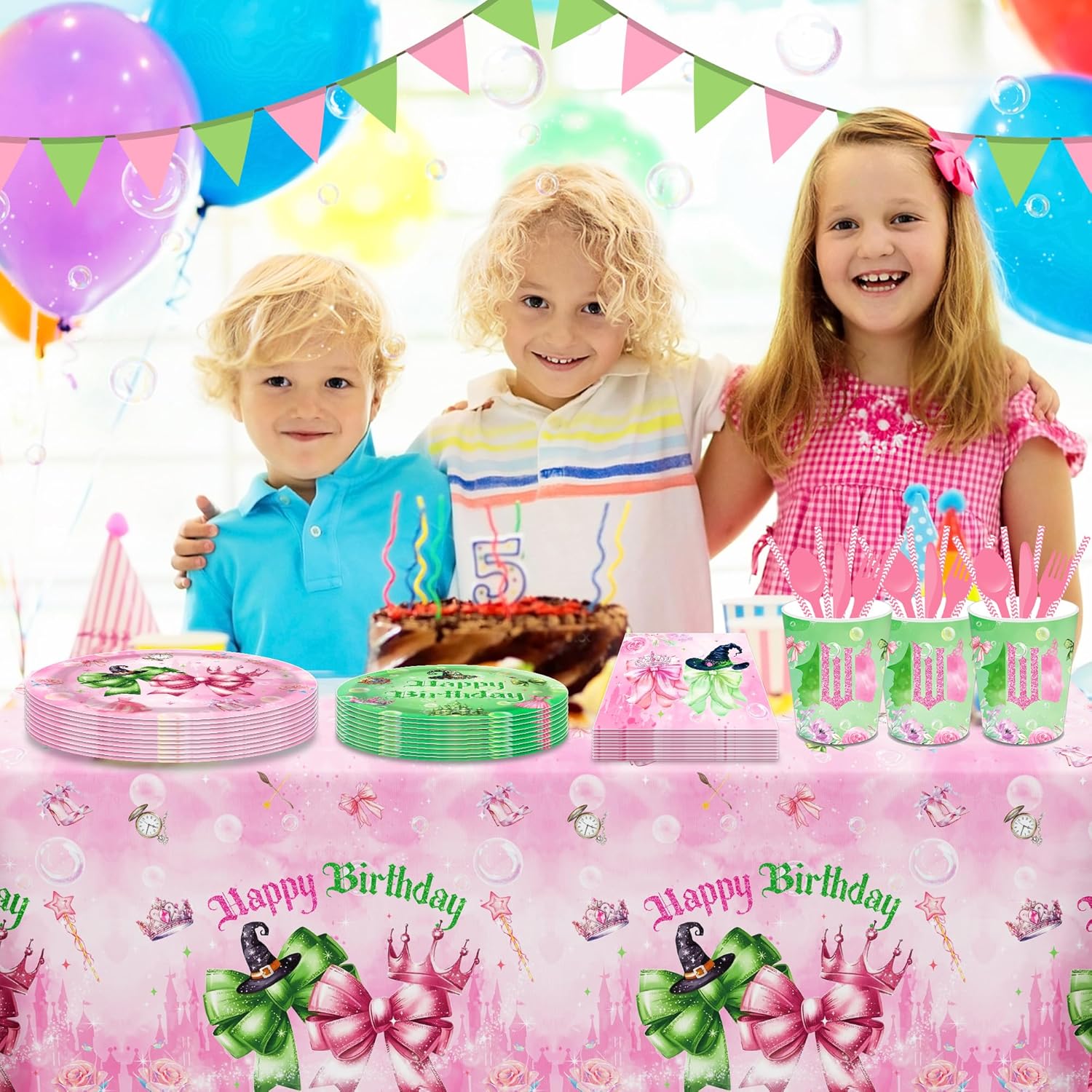 2-Pack Pink Green Party Tablecloths 51x87 Inch Waterproof Tablecovers for Birthday and Baby Shower