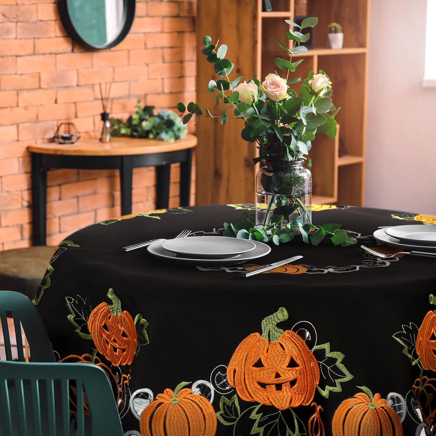 Halloween Square Tablecloth 34 Inch Black Orange Pumpkin Design