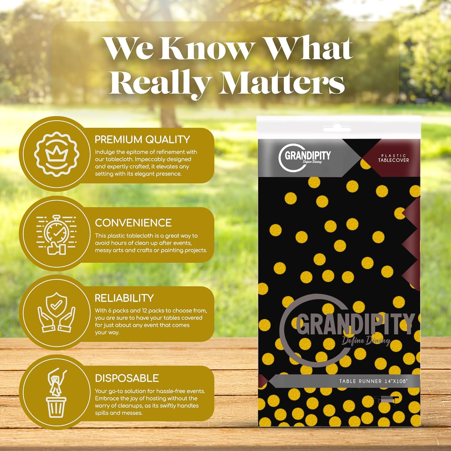 Grandipity Gold Dot on Black 12 Pack Tablecloth 54x108