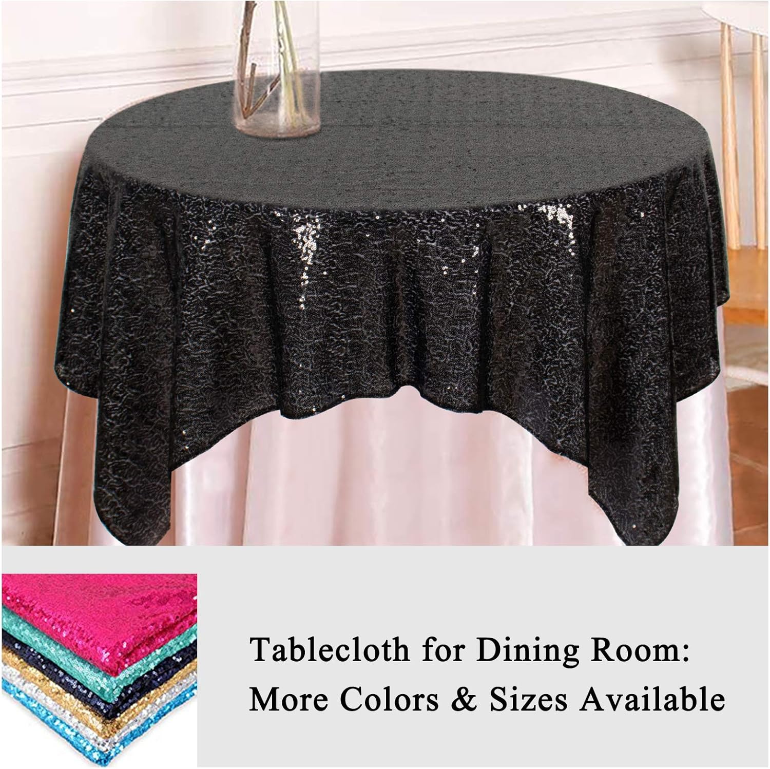 AMZLOKAE Sequin Square Tablecloth 50x50 Black Glitter Overlay for Parties and Events
