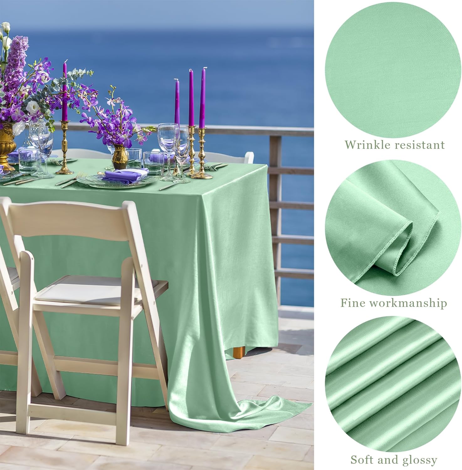 TURSTIN Sage Green Sateen Tablecloth 102x58 Inch Overlay Table Cover