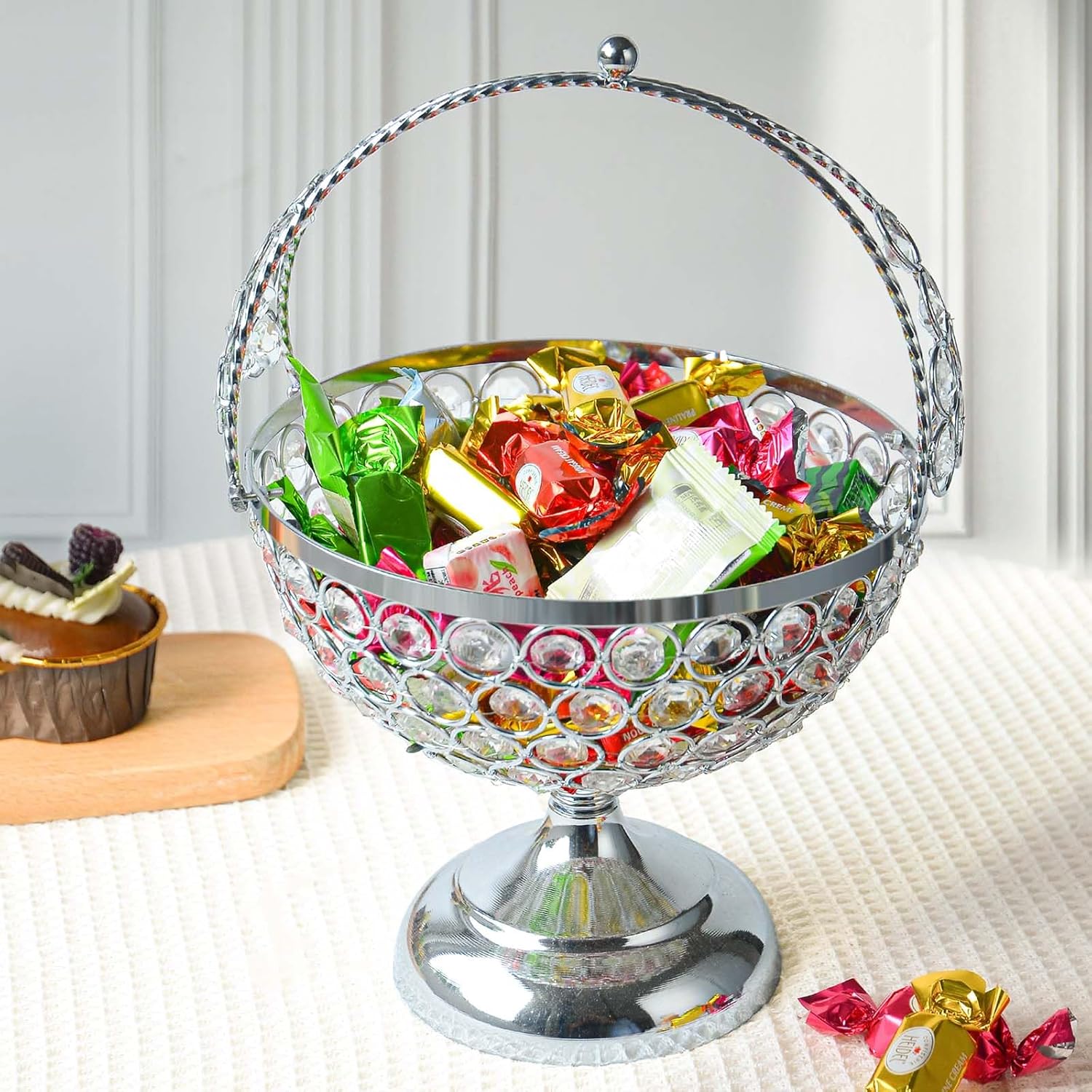 Crystal Candy Bowl Holder Decorative Fruit Bowl Stand Flower Basket Ornament Table Centerpiece Silver