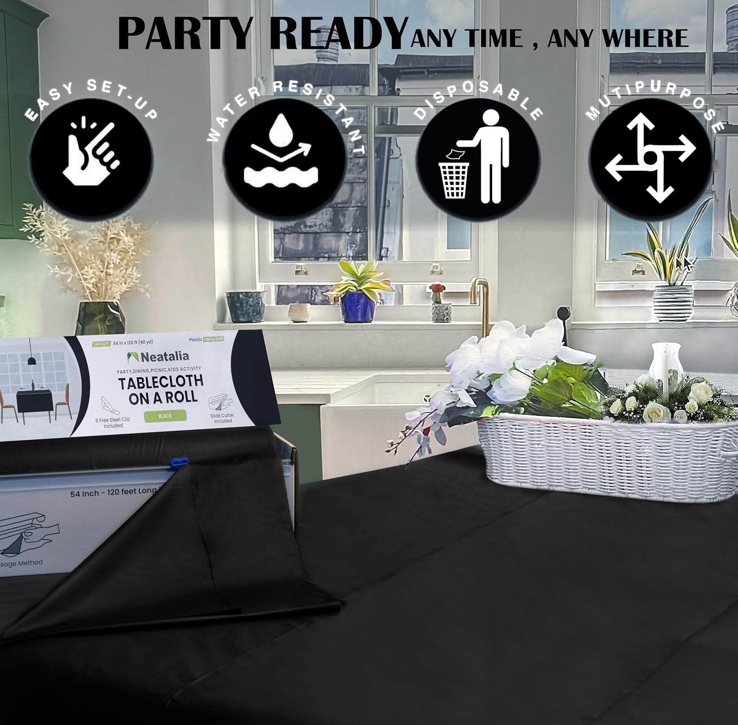 Black Plastic Tablecloth Roll 54in x 120ft for Outdoor Events