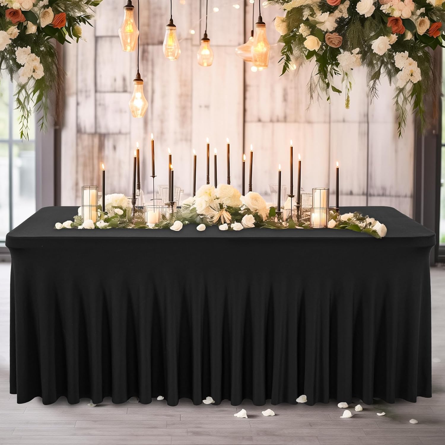 Wish Care 2 Pack Black Spandex Tablecloths - Fitted 6ft Rectangle for Events