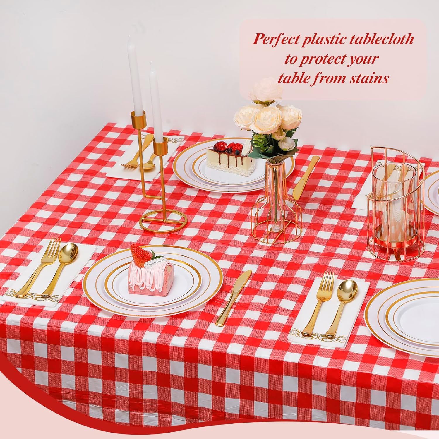 Goodluck 54 Inch x 300 Feet Red Checkered Table Cloth with Cutter Box