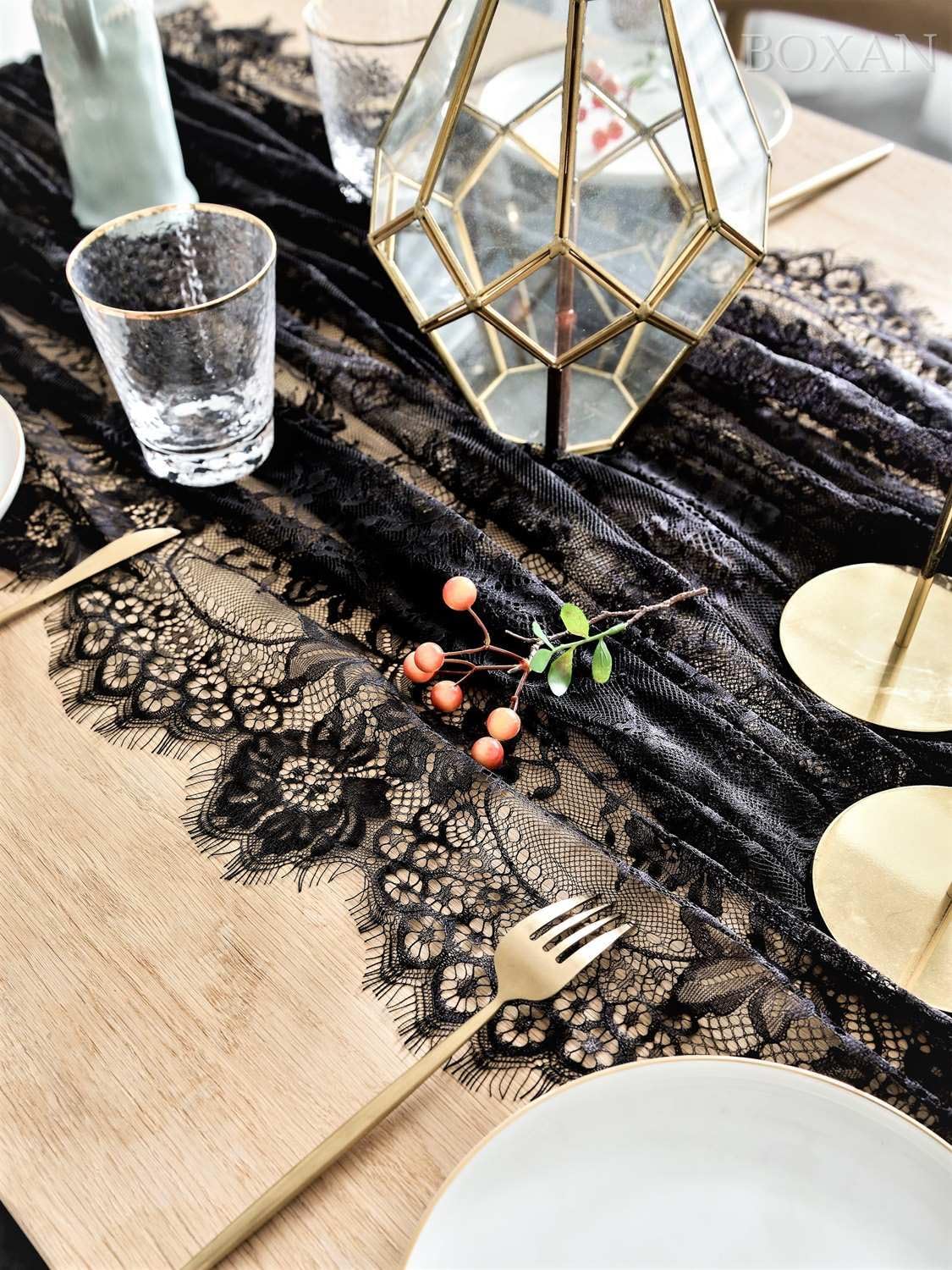 BOXAN Vintage Rose Embroidered Black Lace Tablecloth Overlay - 120 x 60 Rectangular