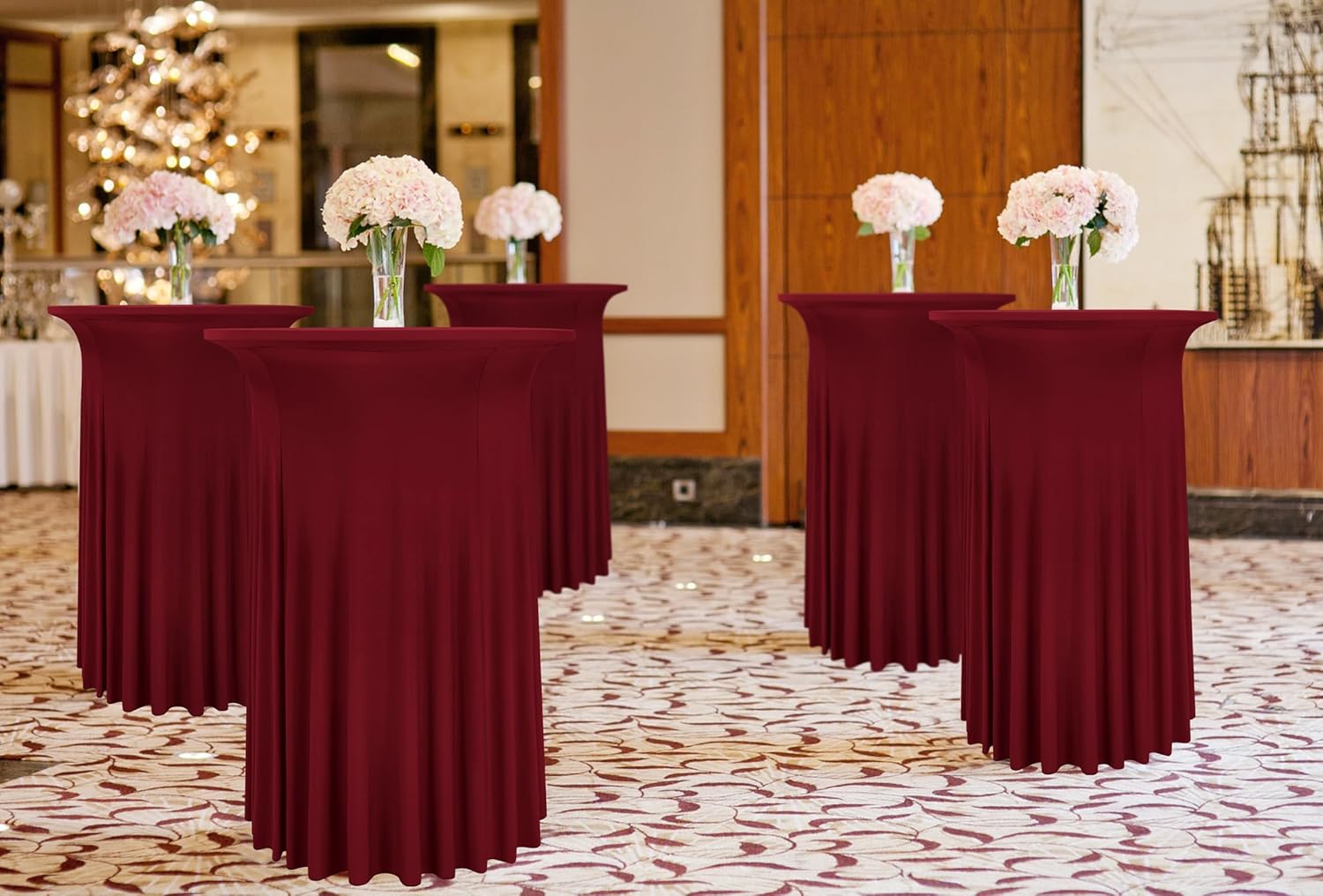 6 Pack Round Cocktail Table Skirt Spandex Tablecloth Wine Red Wavy Drapes High Top Cover