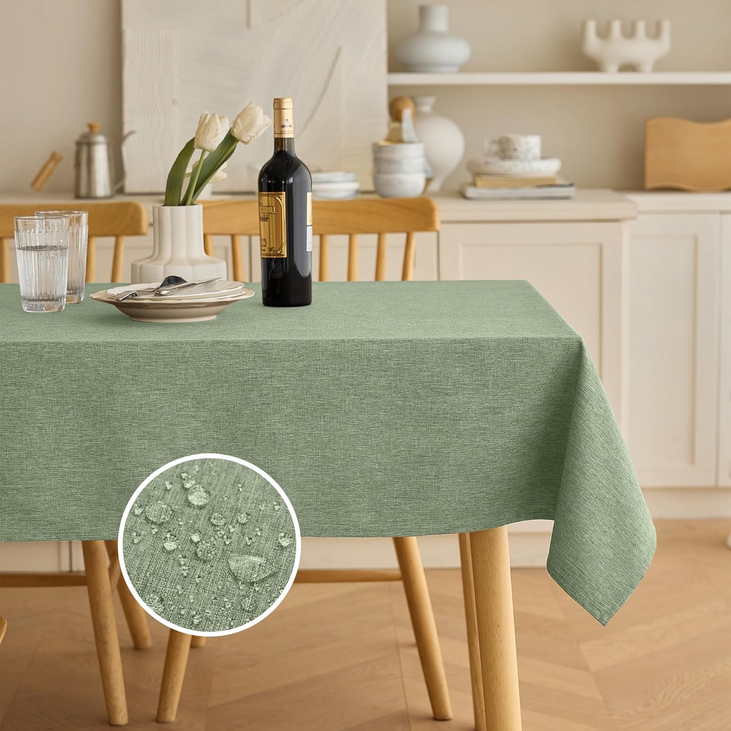 Sage Green Rectangle Waterproof Tablecloth for 4-6 Seats