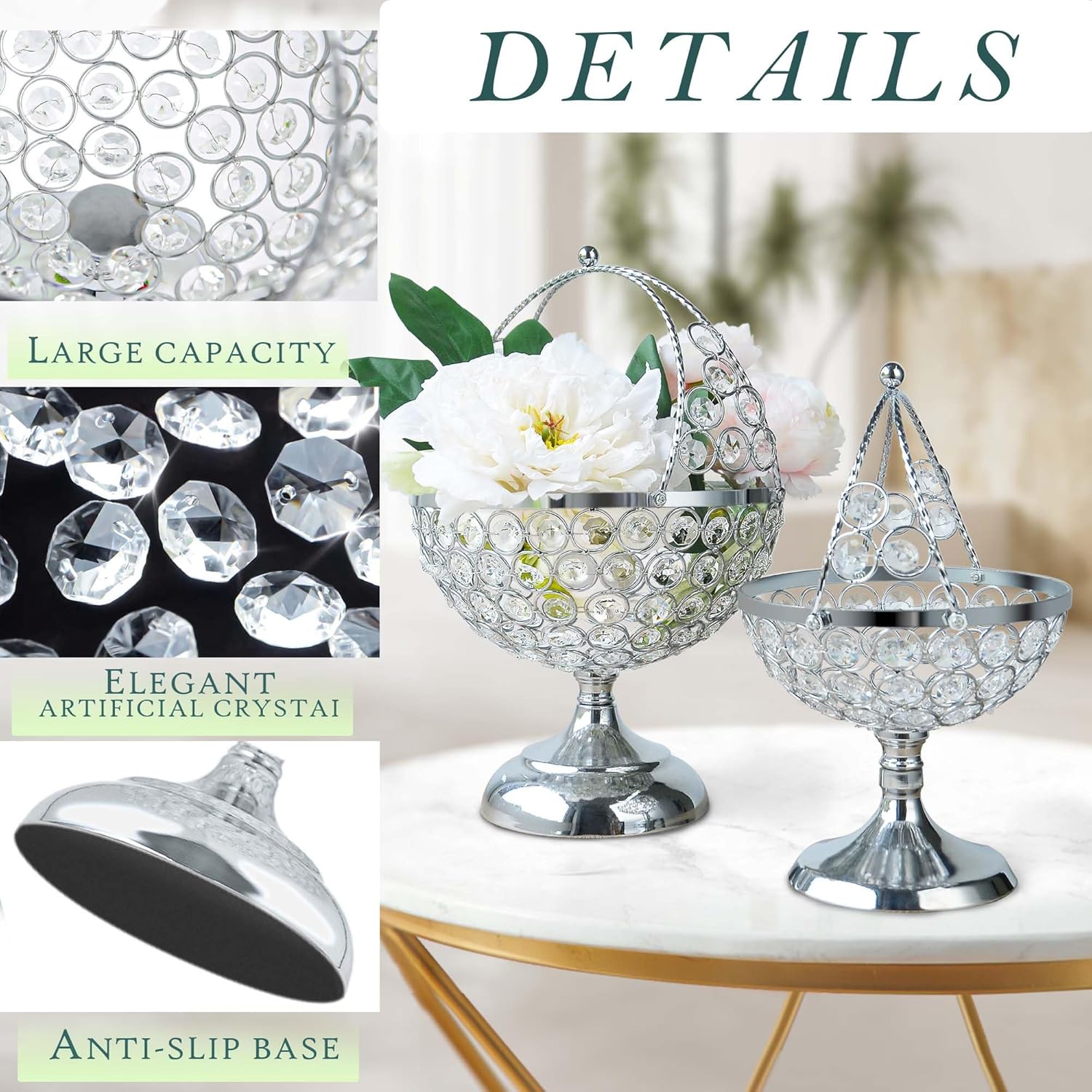 Crystal Candy Bowl Holder Decorative Fruit Bowl Stand Flower Basket Ornament Table Centerpiece Silver