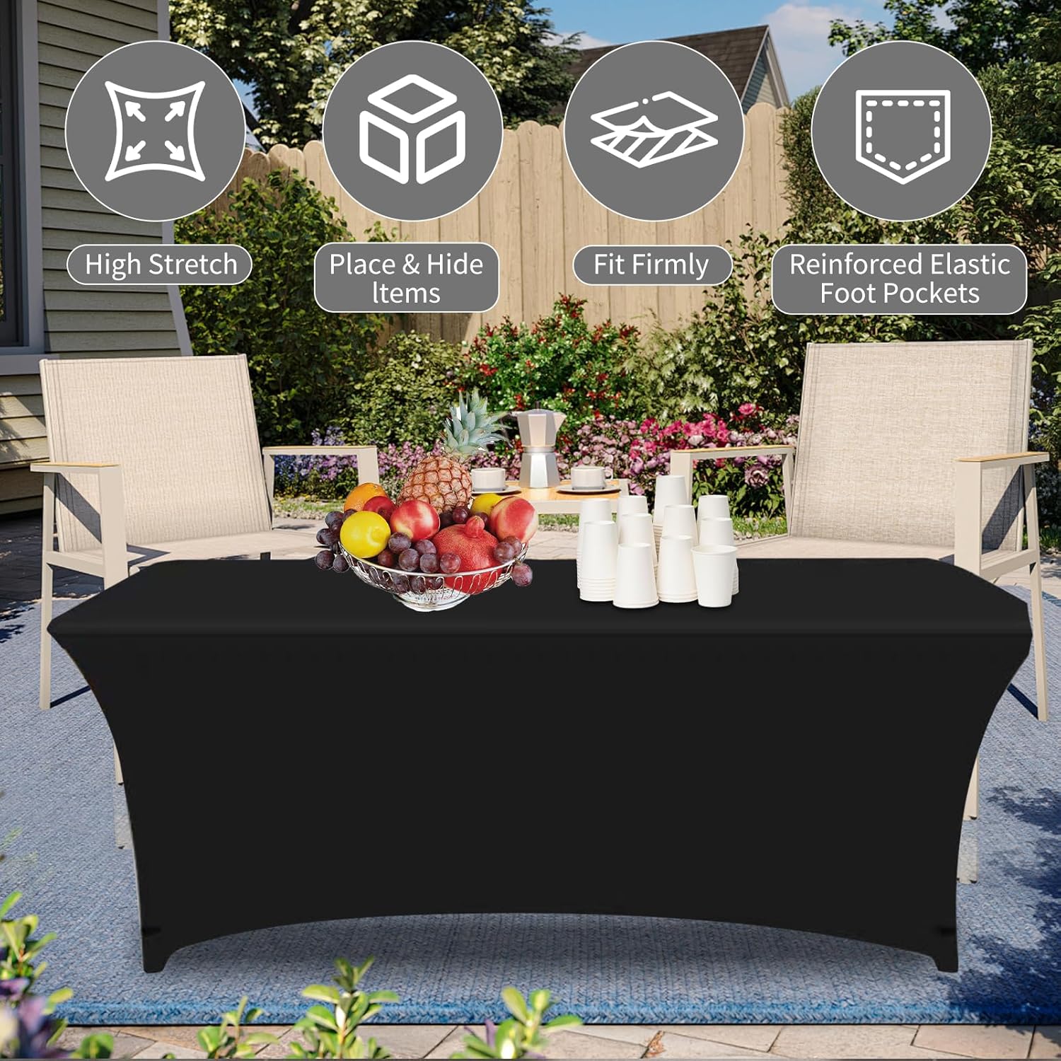 Mangdar Rectangular Elastic Spandex Tablecloth 6 Feet 2 Pack Black