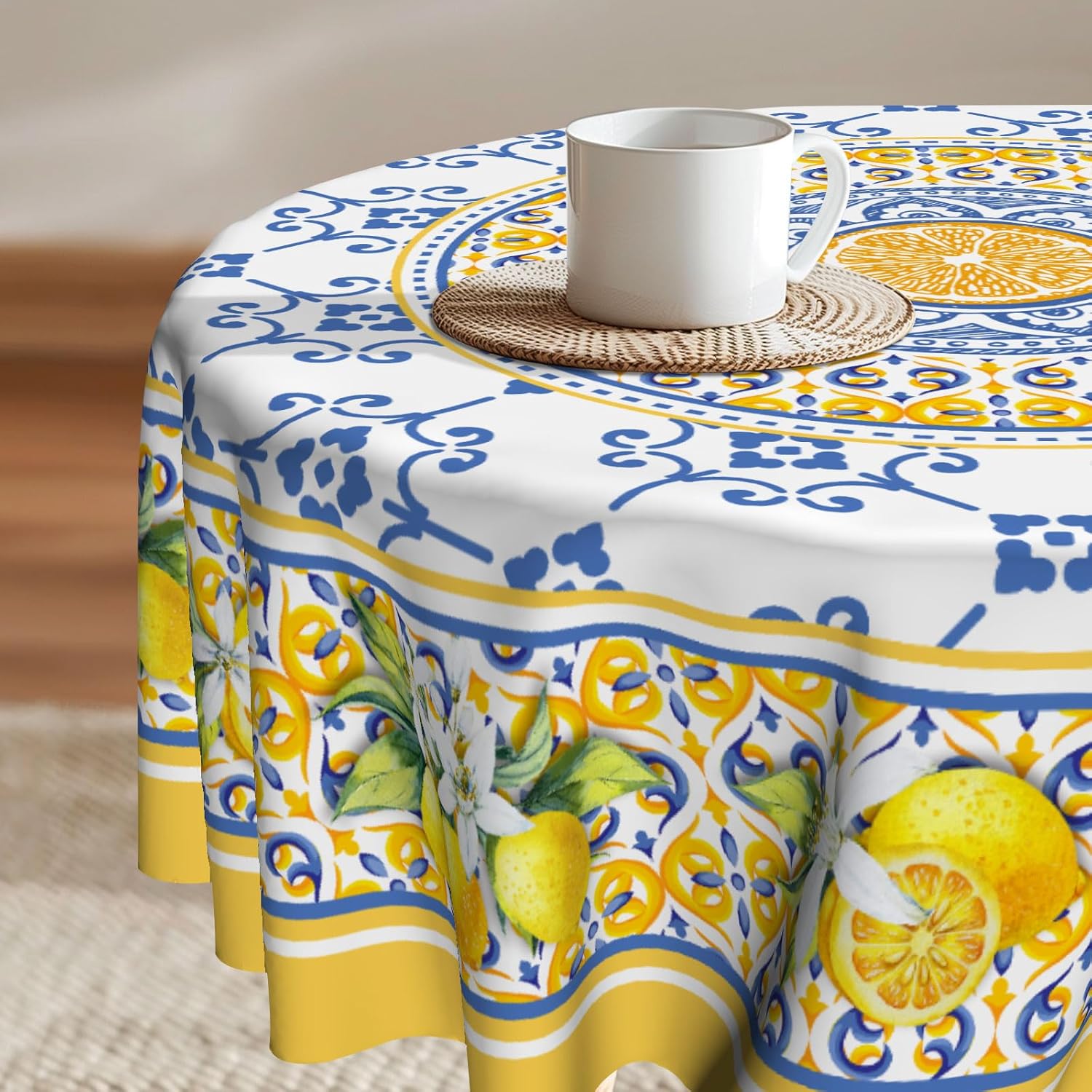 Imiss Lemon Yellow 60 Inch Round Tablecloth Boho Floral Design