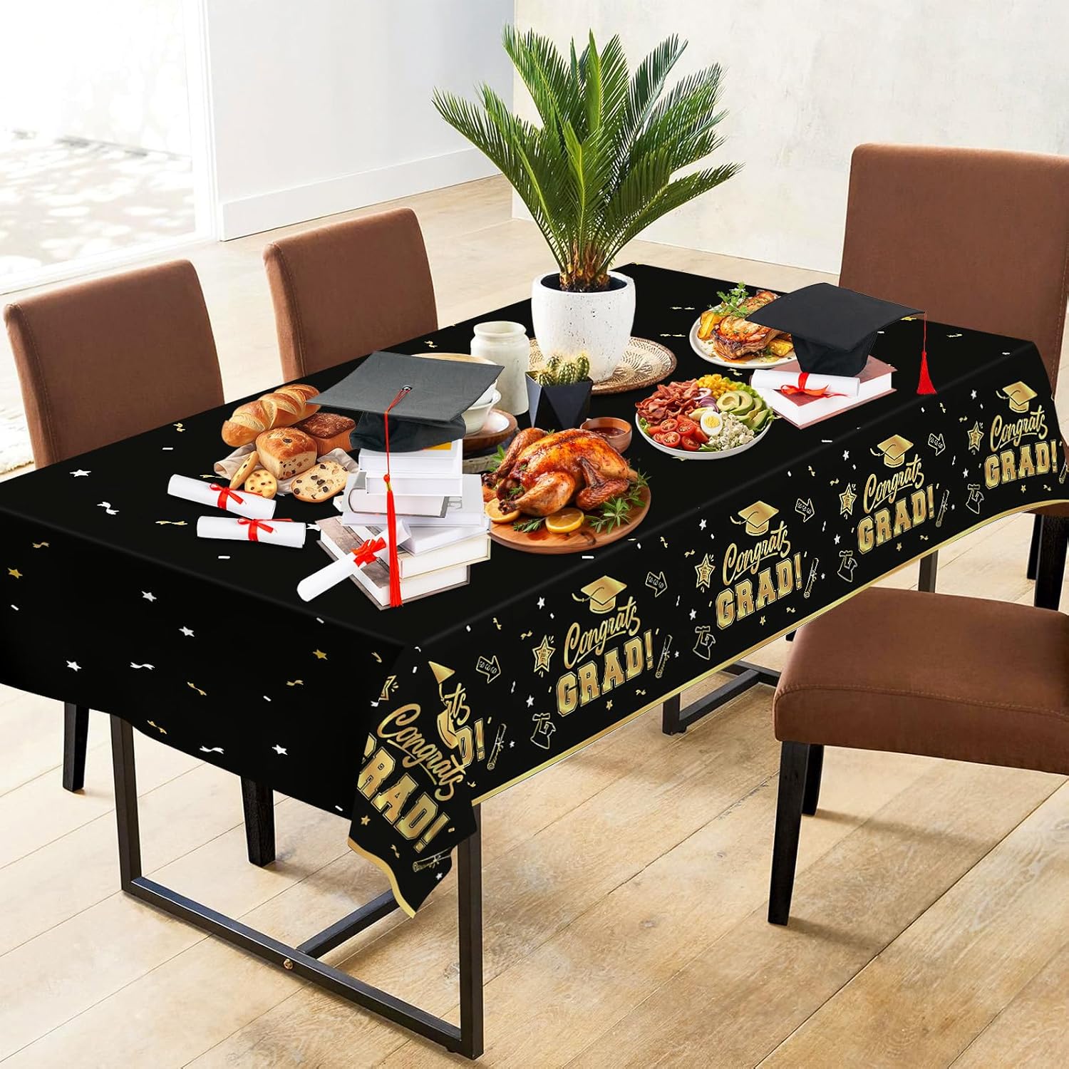 2 Pack Graduation Tablecloths - Black Gold Class of 2025 Decorations