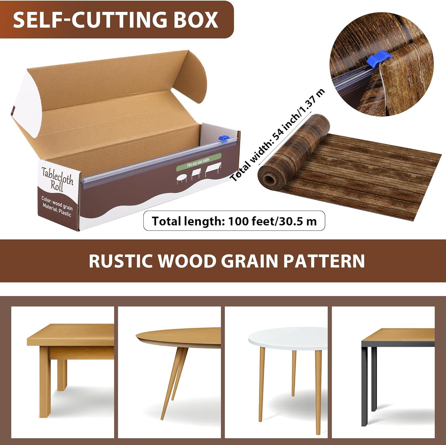 100 Ft Wood Grain Tablecloth Roll for Decor and Events