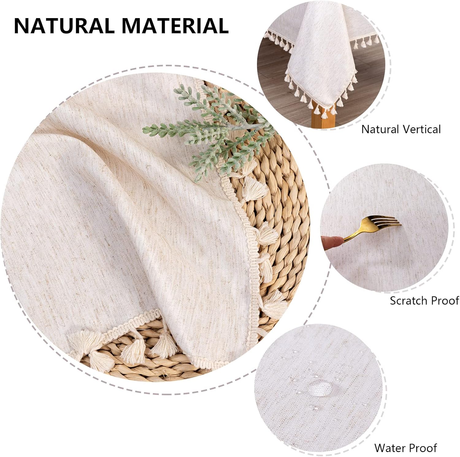 MYSKY HOME 60 in Round Cotton Tablecloth with Beige Tassels