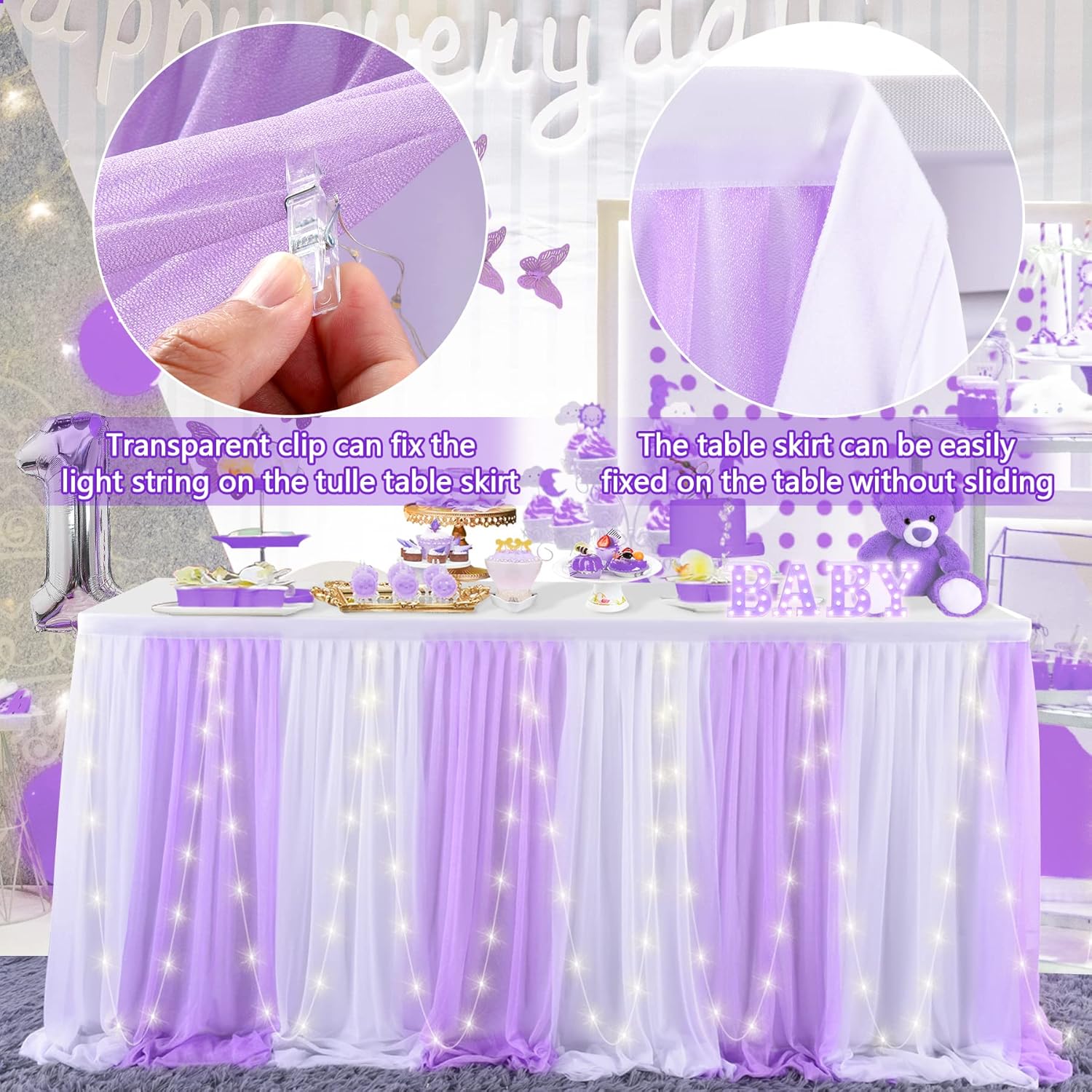 9ft Purple Table Skirt with LED Lights for Parties