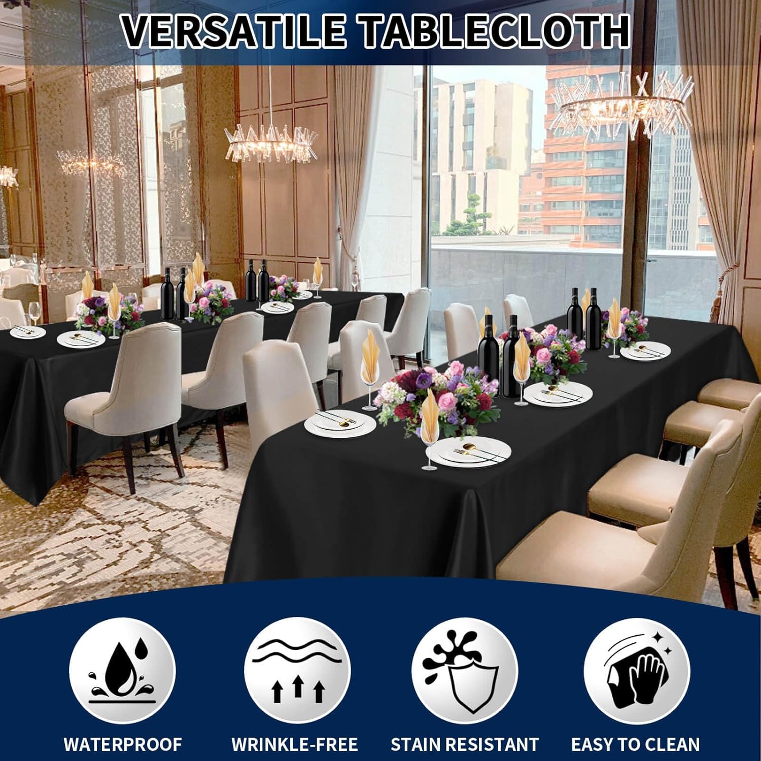 PureFit 6 Pack Black Rectangle Tablecloths 60x102 Inch for 6ft Tables