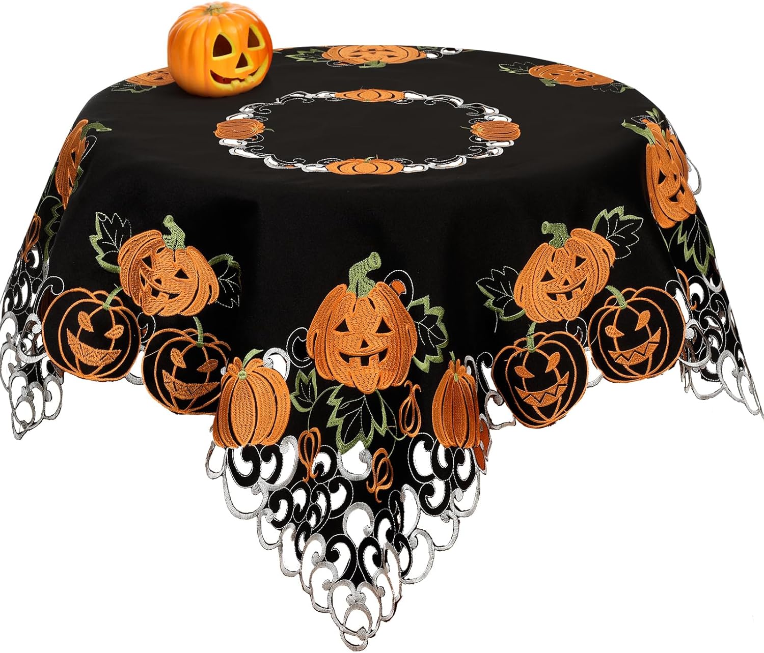 Halloween Square Tablecloth 34 Inch Black Orange Pumpkin Design